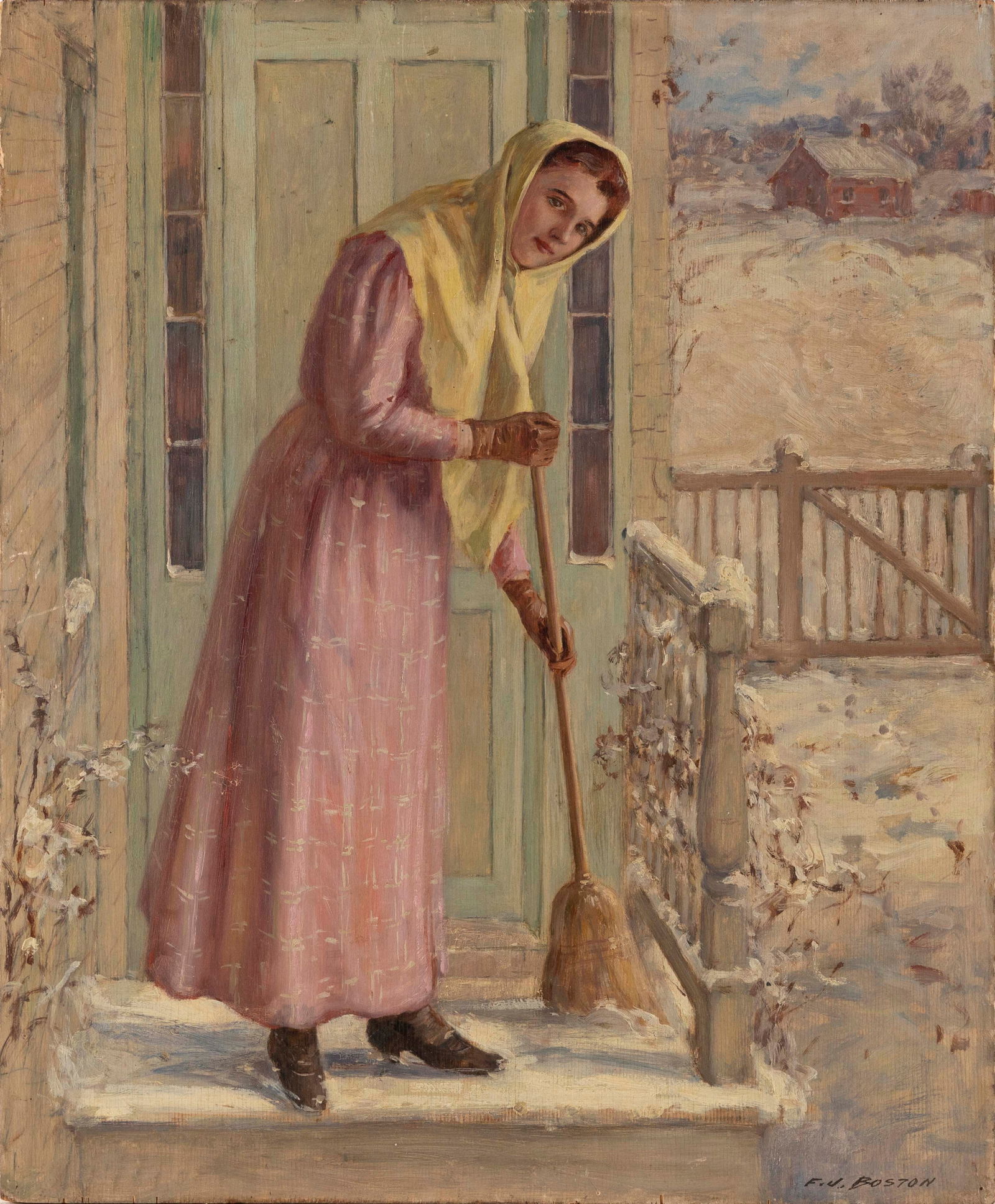 FREDERICK JAMES BOSTON (New York/Connecticut, 1855-1932), A woman sweeping the stoop., Oil on panel, (1 of 2)