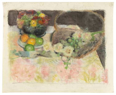 DAVID FERTIG (New Jersey/New York, 1946-), Still life of fruit, flowers and a basket., Pastel on: DAVID FERTIG New Jersey/New York, 1946- Still life of fruit, flowers and a basket. Signed and dated 1982 lower center. Pastel on paper, 20" x 26" sight. Unframed and unstretched.