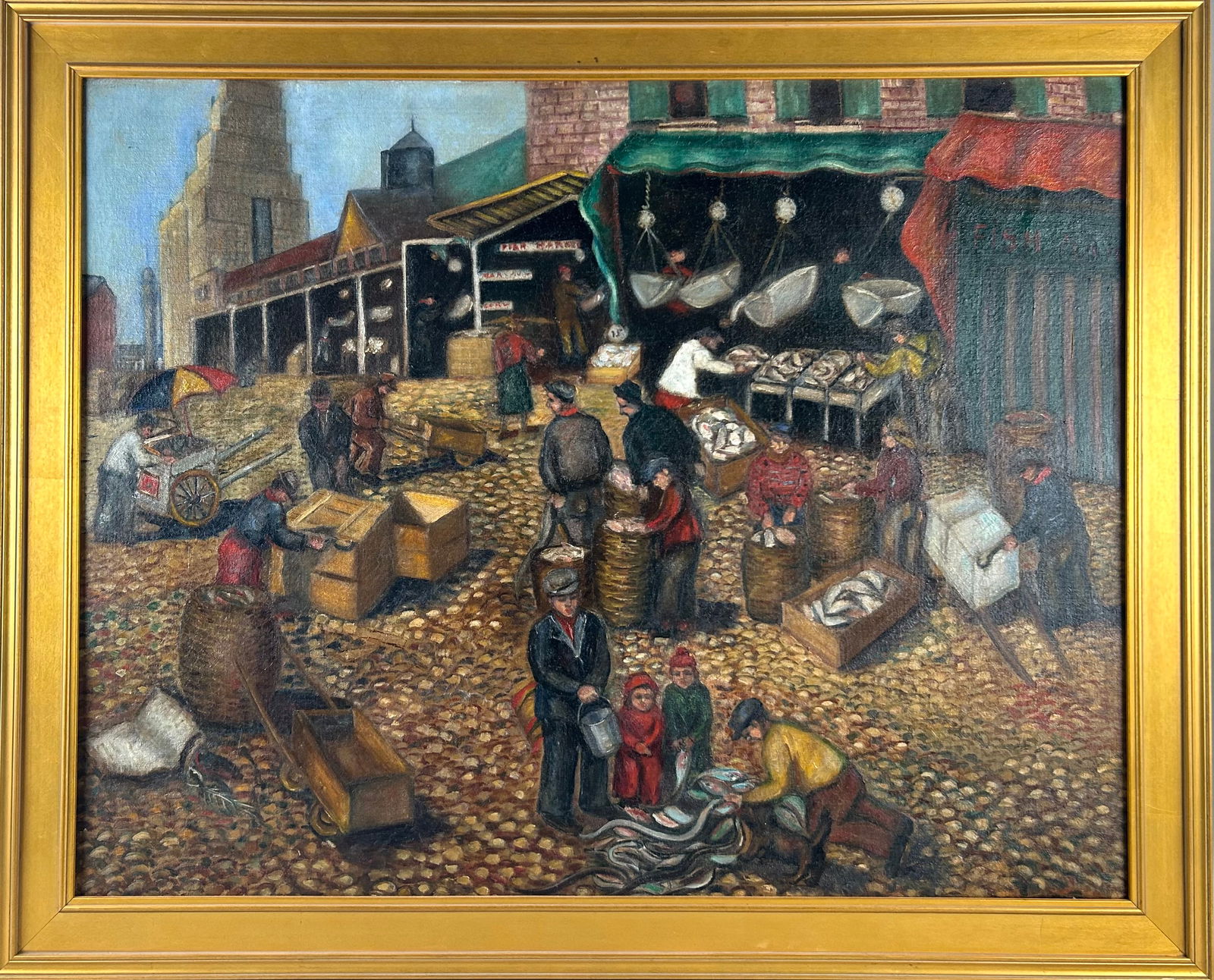 AMERICAN SCHOOL (Early to Mid-20th Century,), Fish market scene., Oil on canvas, 33" x 42". Framed (1 of 2)