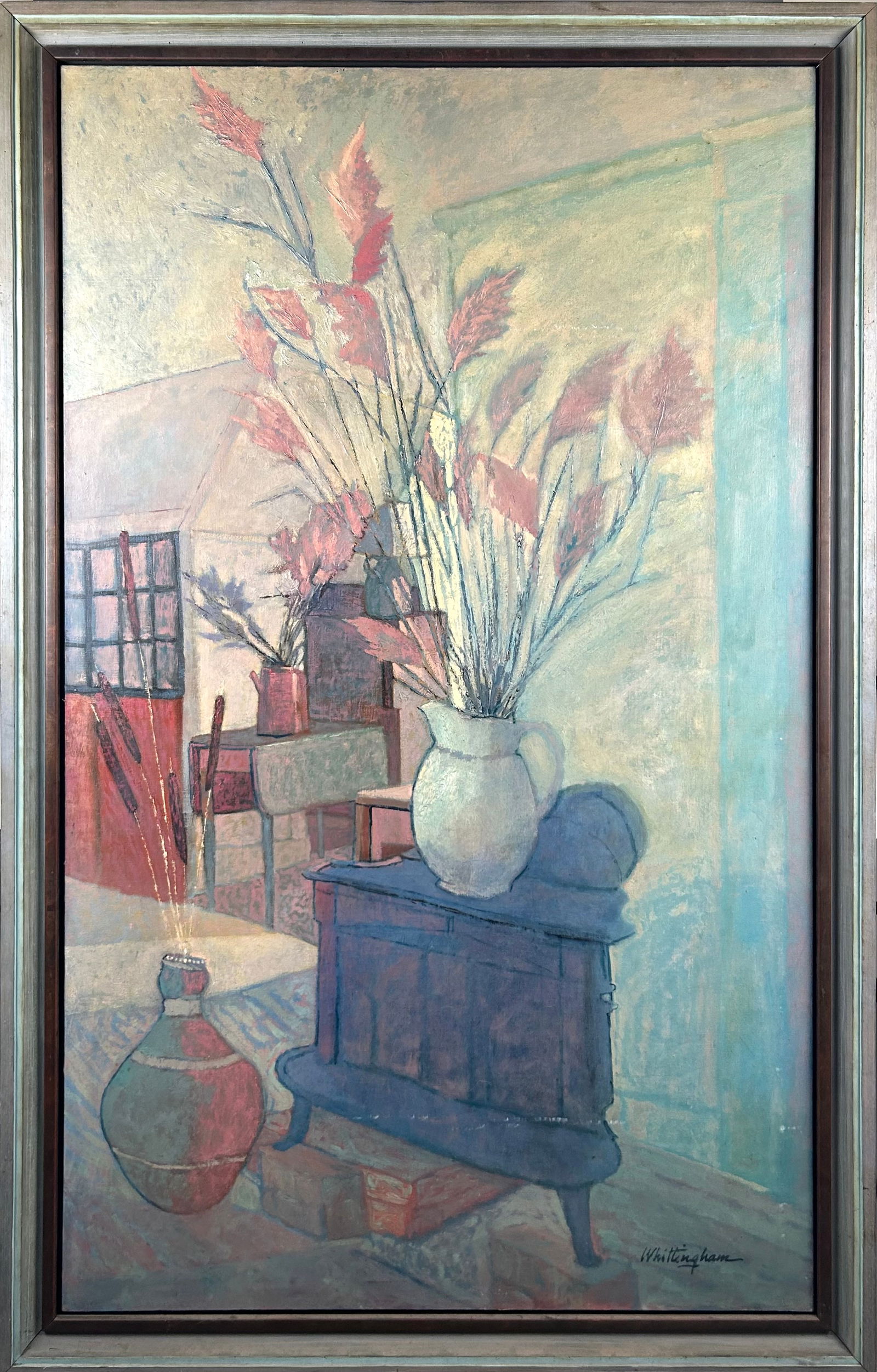 BONNIE WHITTINGHAM (Massachusetts/New York/California, 1921-1997), Interior scene., Oil on canvas,: BONNIE WHITTINGHAMMassachusetts/New York/California, 1921-1997Interior scene. Signed lower right "Whittingham".Oil on canvas, 66" x 40". Framed 72" x 46".