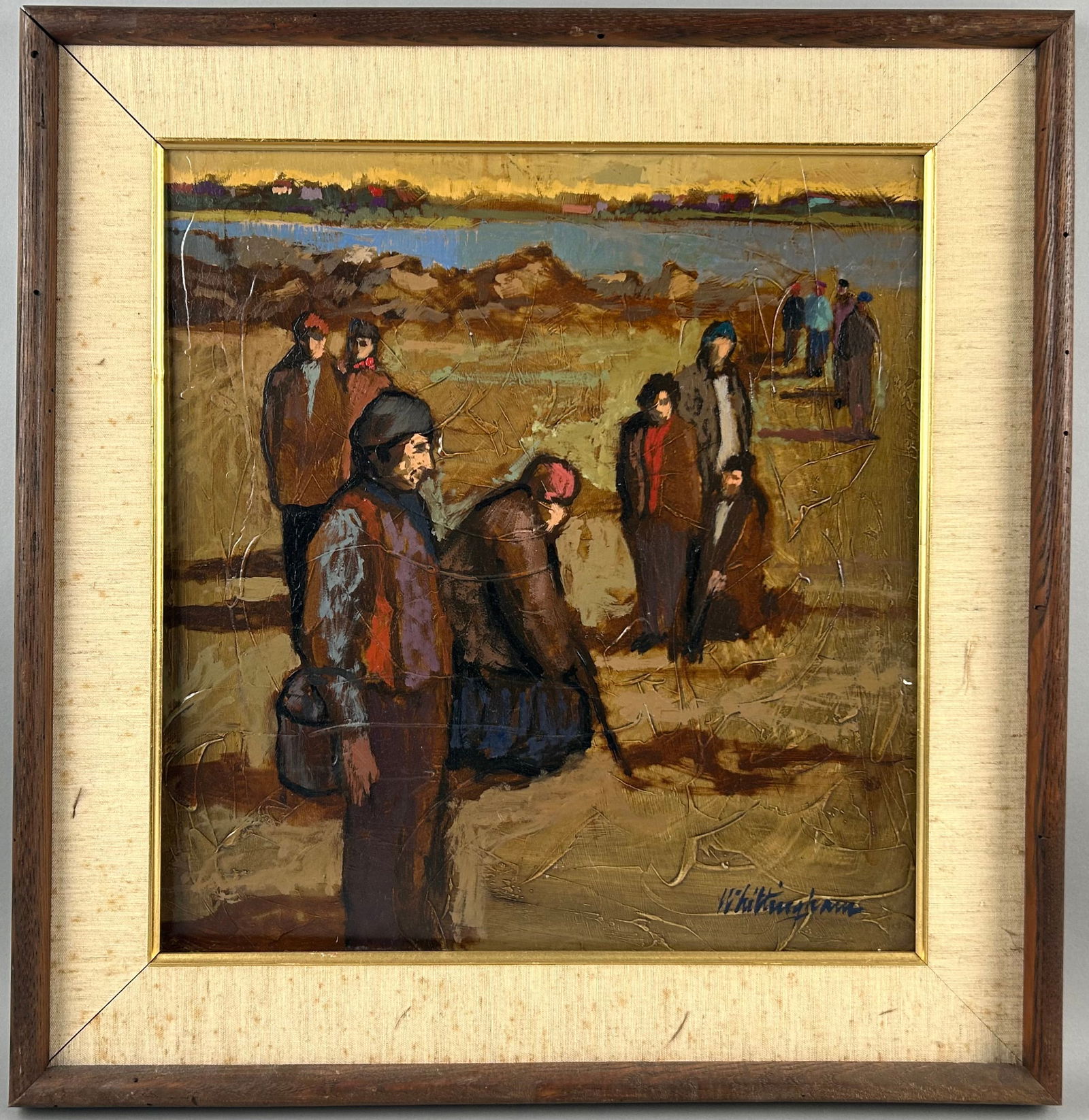 BONNIE WHITTINGHAM (Massachusetts/New York/California, 1921-1997), Figures at the shore., Oil on: BONNIE WHITTINGHAMMassachusetts/New York/California, 1921-1997Figures at the shore. Signed lower right "Whittingham".Oil on masonite, 18" x 17". Framed 23.5" x 22.5".