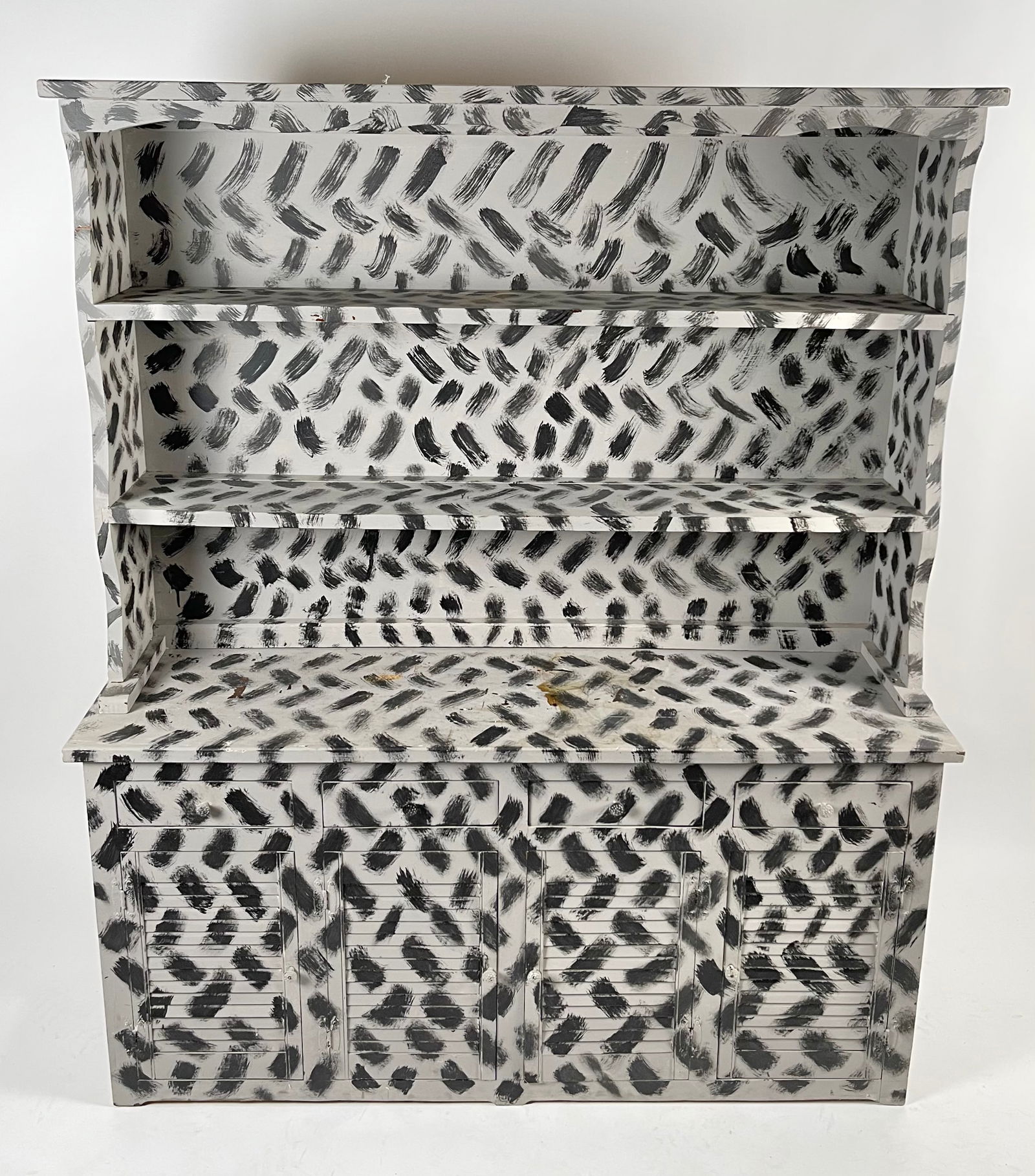 STEP-BACK CUPBOARD WITH BLACK AND GRAY SPONGE-PAINTED DECORATION Contemporary Height 71". Width 60". (1 of 7)