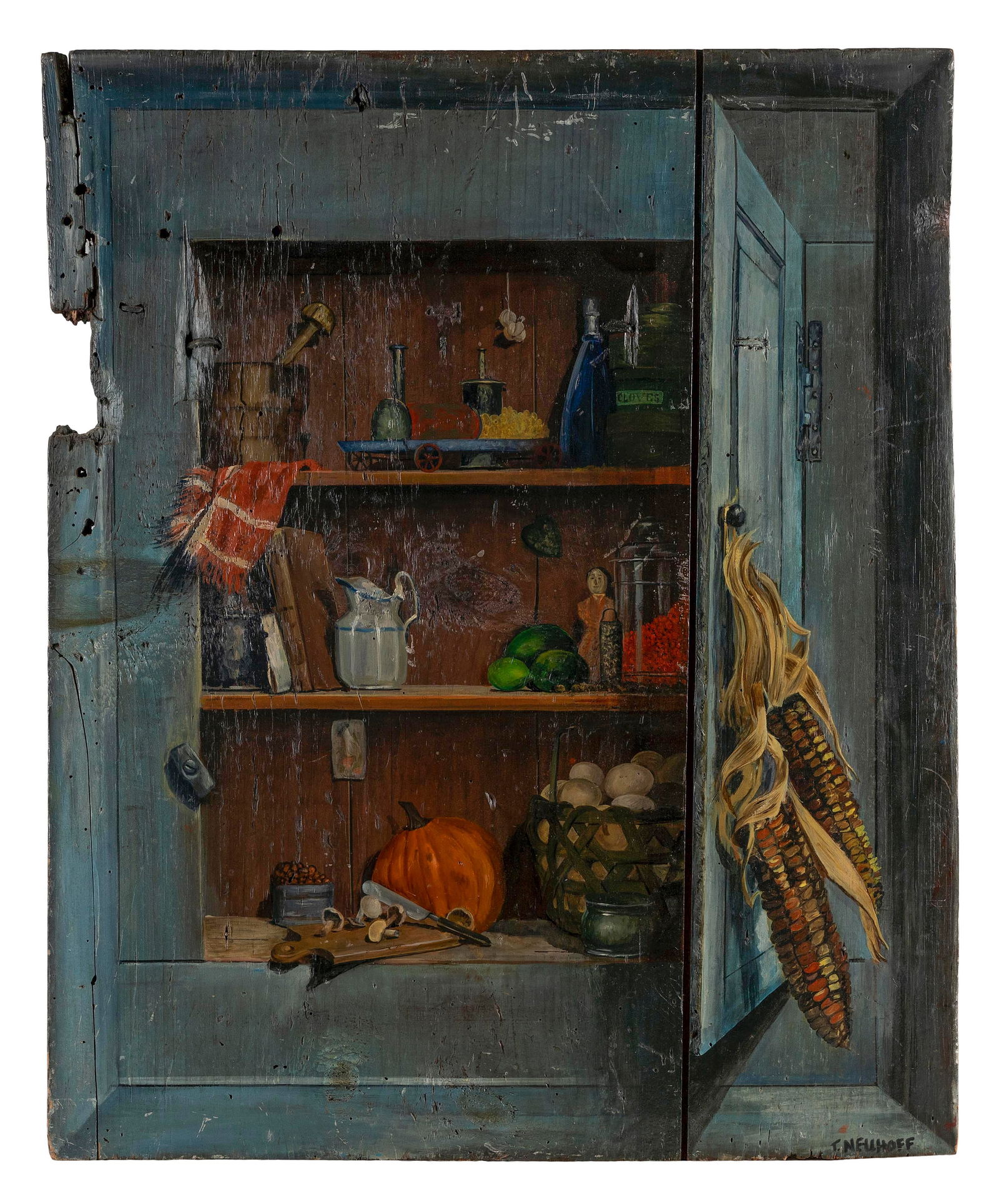 TRUDI NEUHOFF (America, Contemporary), Trompe l'oeil of a country kitchen cabinet., Oil on remnant (1 of 2)