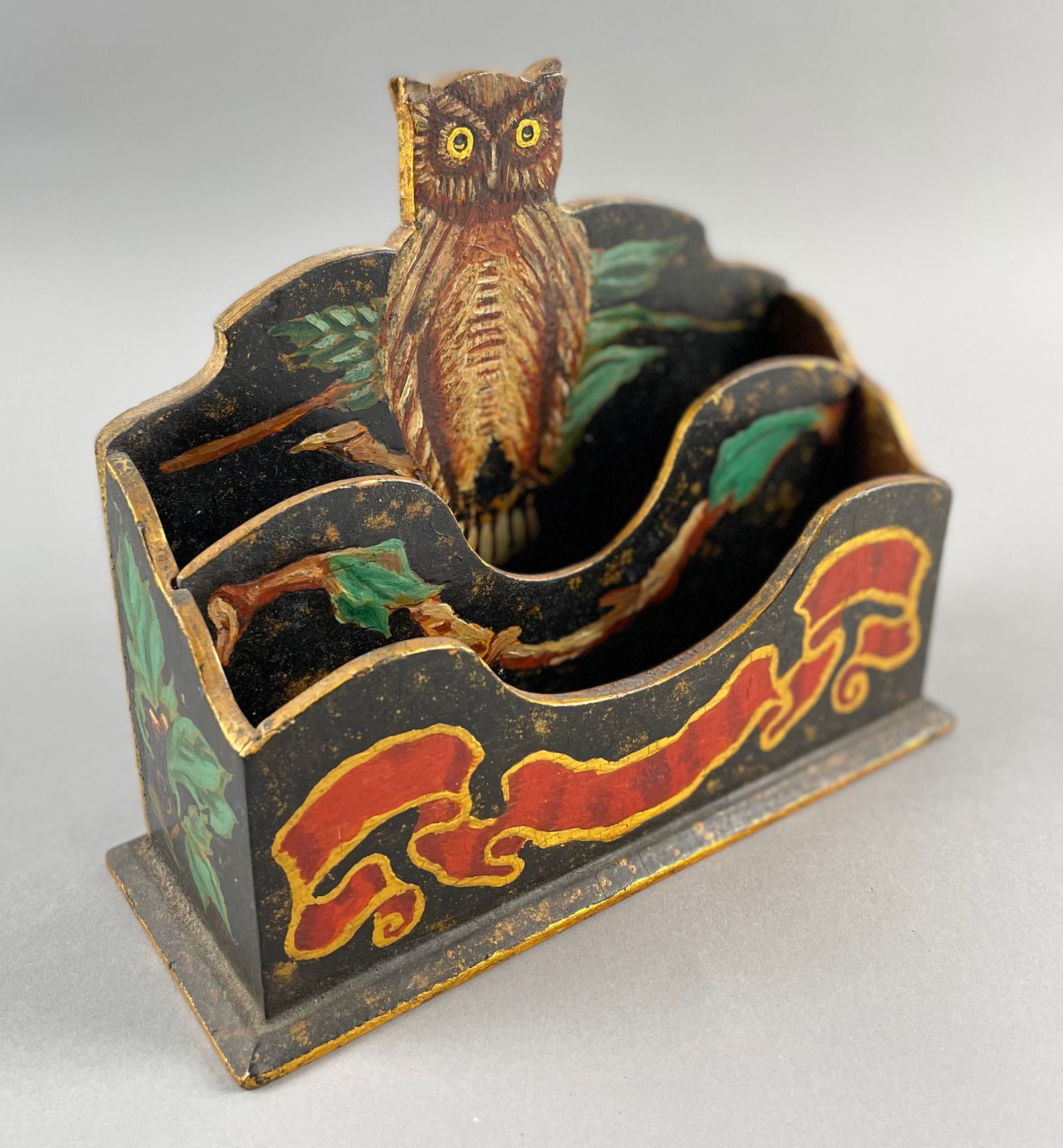LETTER RACK WITH OWL DECORATION Early 20th Century Height 8". Width 9.5". Depth 3.5". (1 of 6)