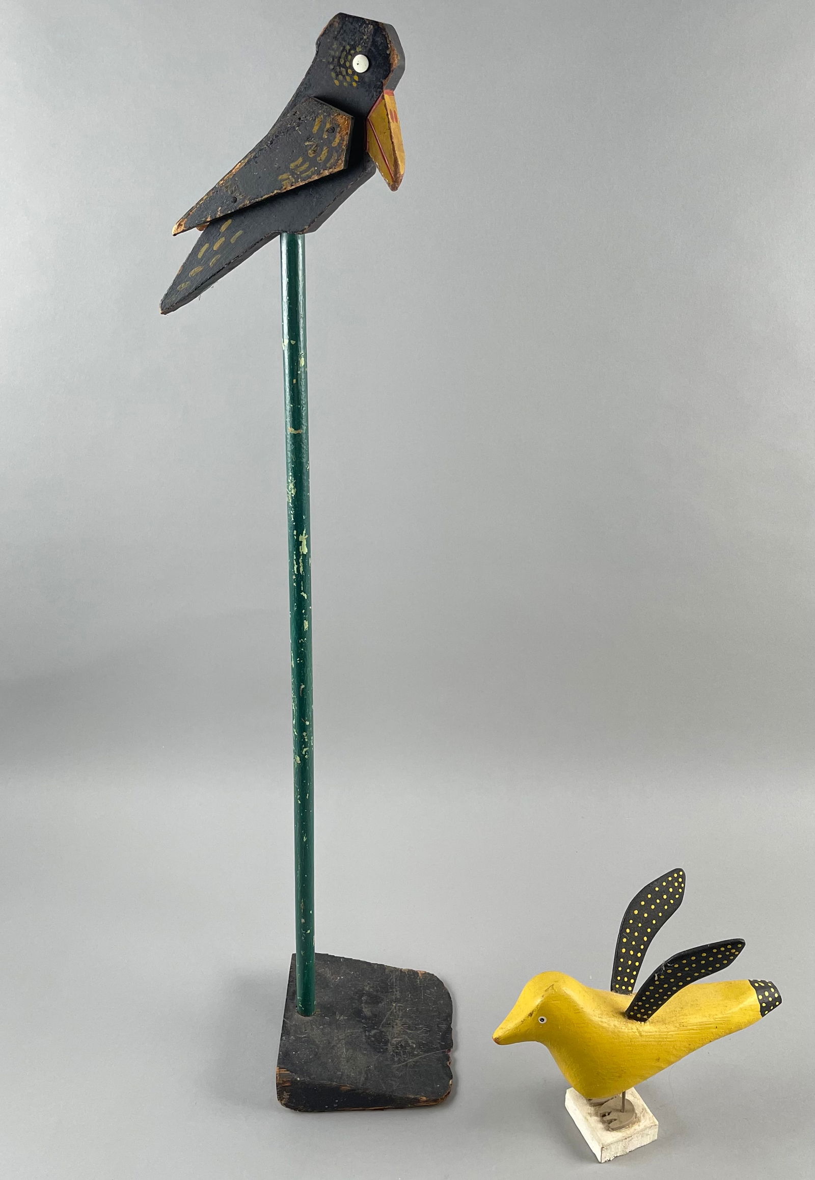 TWO PRIMITIVE CARVED WOODEN BIRDS 20th Century Heights 7.5" and 32". (1 of 4)