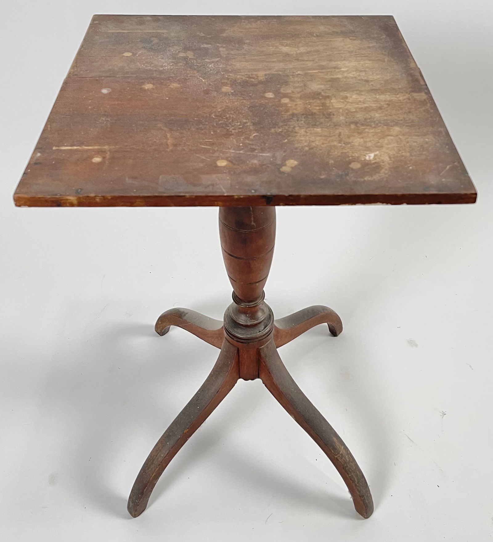 SPIDER-LEG CANDLESTAND WITH UNUSUAL TURNED PEDESTAL 19th Century Height 28.5". Top 17" x 16.5". (1 of 2)