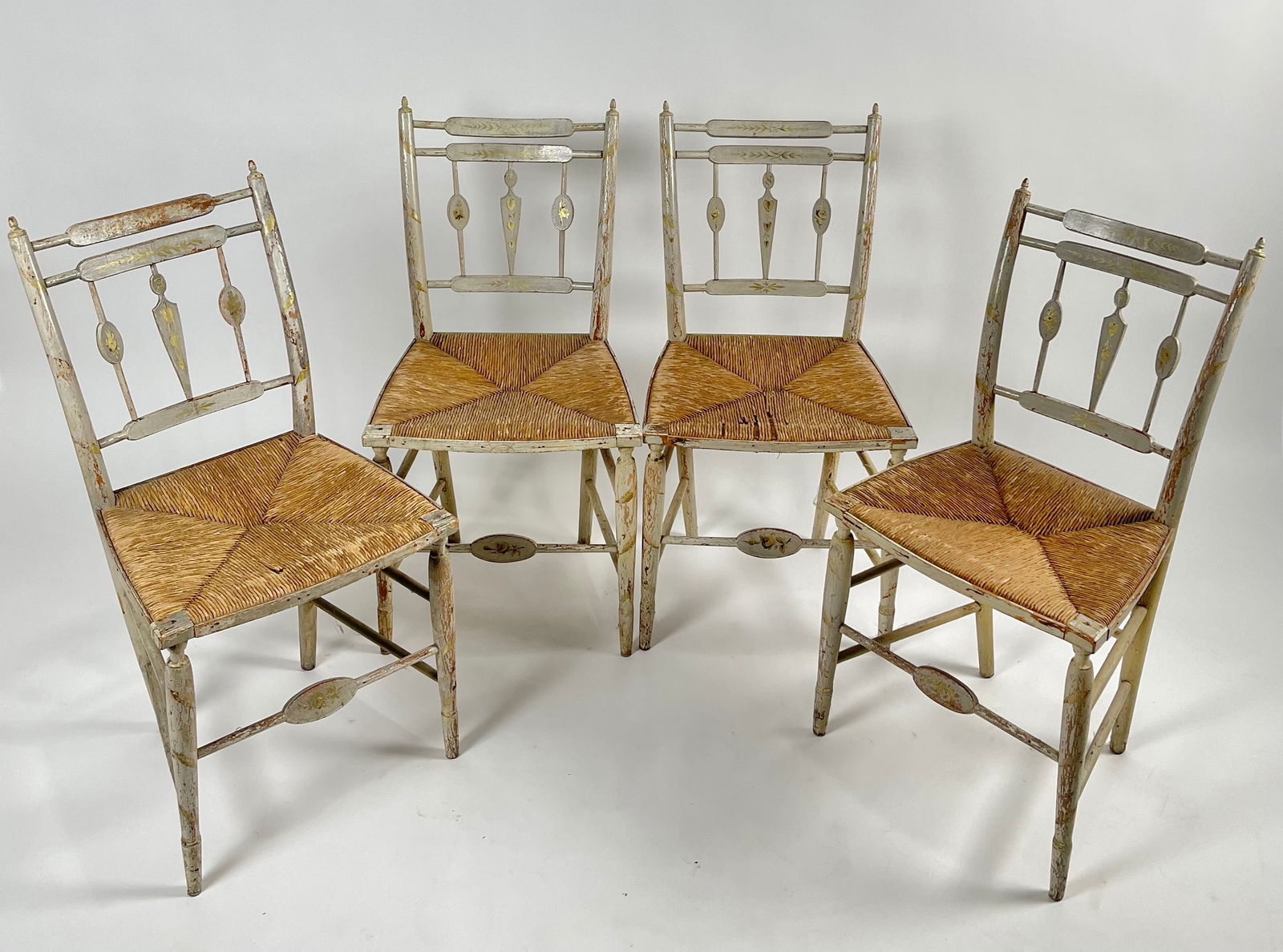 FOUR SHERATON FANCY RUSH-SEAT SIDE CHAIRS 19th Century Back heights 35". Seat heights 18". (1 of 3)