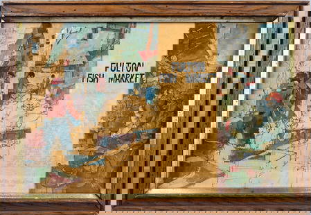 PAUL GIOVANOPOULOS (New York, Born 1939), "Fulton Fish Market", Mixed media on paper: PAUL GIOVANOPOULOSNew York, Born 1939.Two vignettes of the market flanking text and a faint pencil inscription. Signed faintly under title.Mixed media on paper, 12" x 18" sight. Framed 15" x 22".