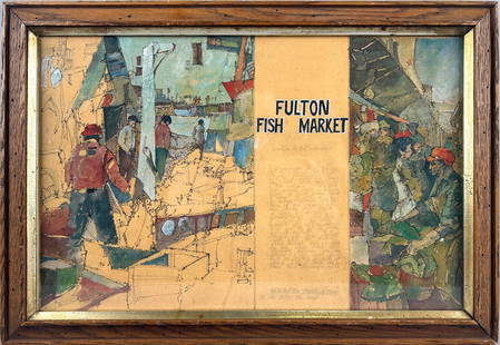 PAUL GIOVANOPOULOS (New York, Born 1939), "Fulton Fish Market", Mixed media on paper: PAUL GIOVANOPOULOSNew York, Born 1939.Two vignettes of the market flanking text and a faint pencil inscription. Signed faintly under title.Mixed media on paper, 12" x 18" sight. Framed 15" x 22".