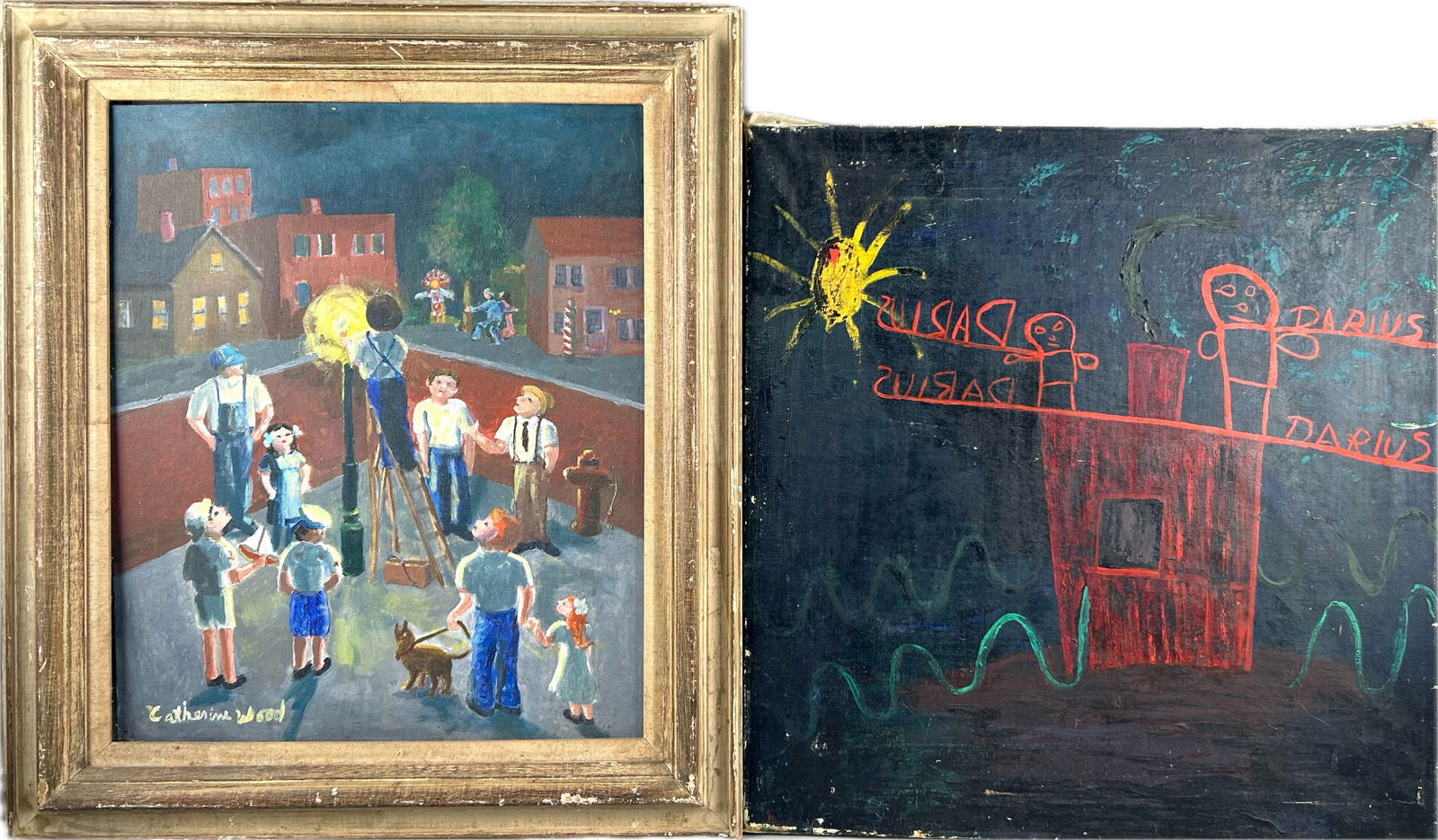 FOUR PRIMITIVE PAINTINGS One unframed. Framed from 12" x 15" to 33" x 27". (1 of 4)