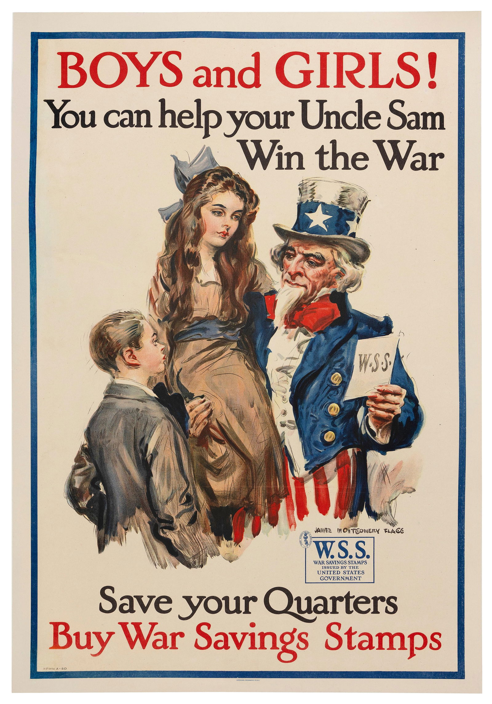 WWI POSTER "BOYS AND GIRLS! YOU CAN HELP YOUR UNCLE SAM WIN THE WAR" Early 20th Century 30" x 20". (1 of 1)