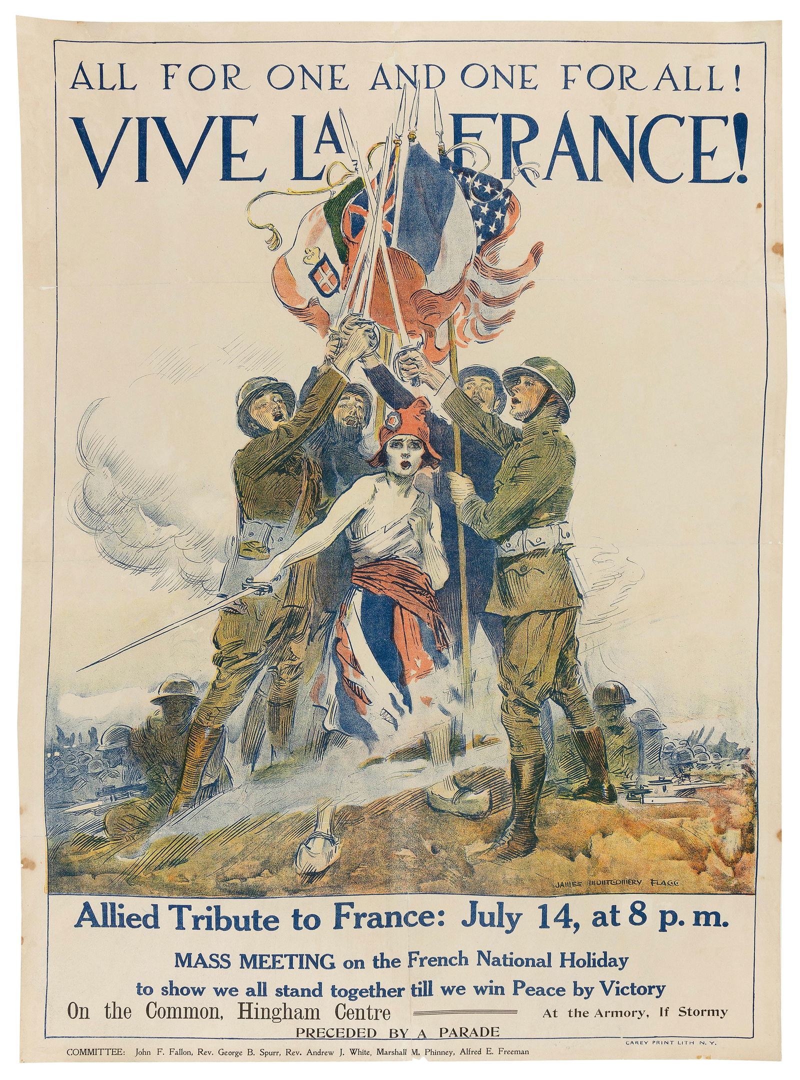 WWI POSTER "ALL FOR ONE AND ONE FOR ALL! VIVE LA FRANCE!" Circa 1918 39" x 27". Unframed. (1 of 1)
