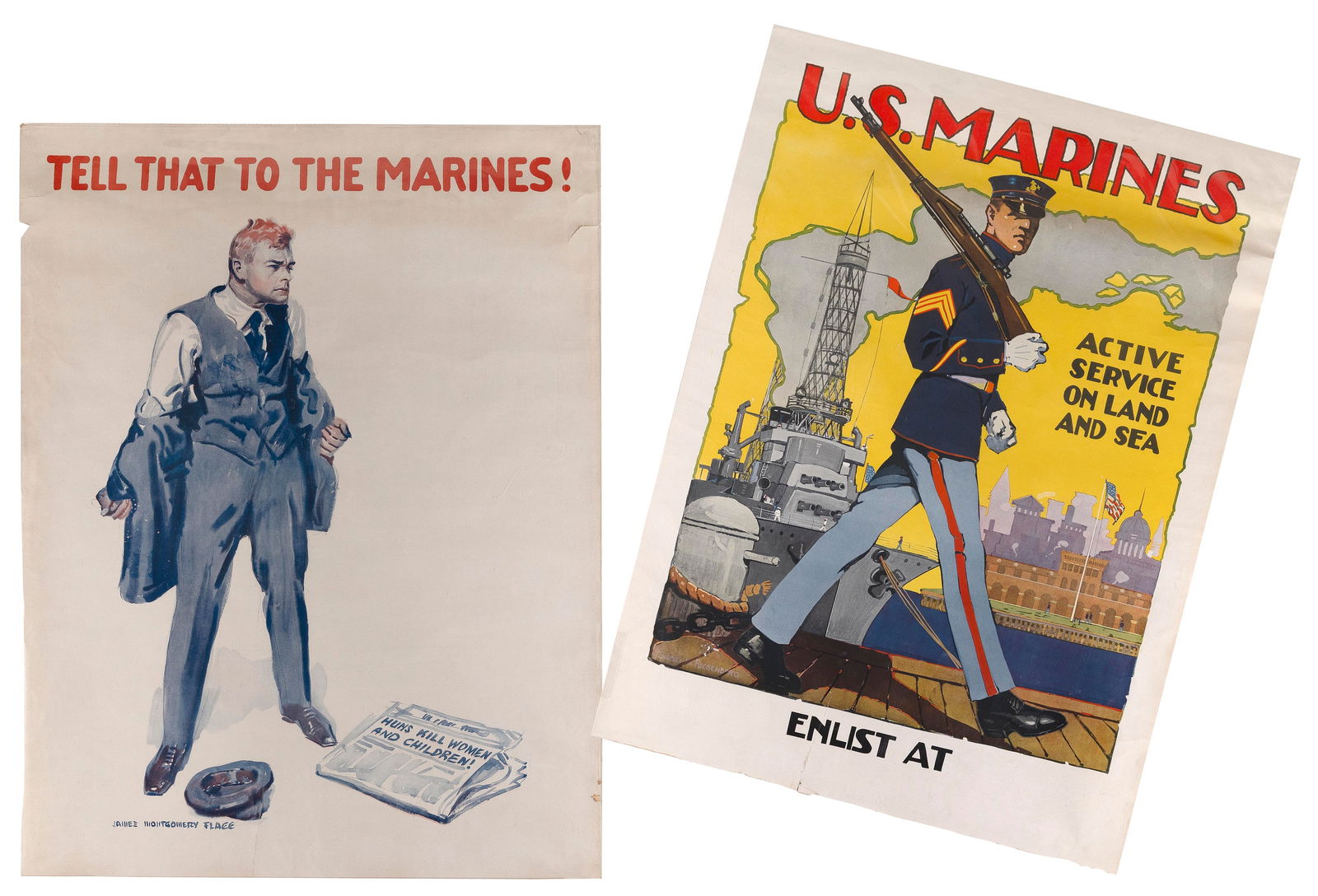 TWO WWI MARINES POSTERS Circa 1918 40.5" x 30" and 39.5" x 28". Unframed. (1 of 3)