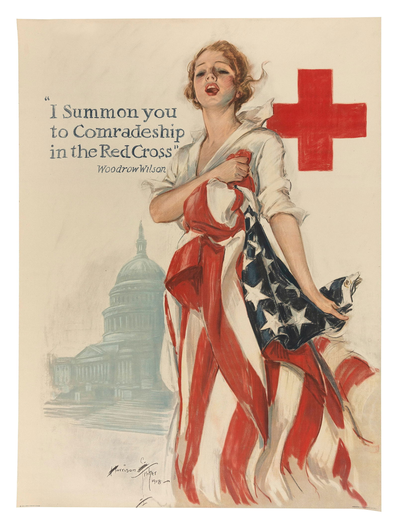 WWI POSTER "I SUMMON YOU TO COMRADESHIP IN THE RED CROSS" Circa 1918 40" x 30". Unframed. (1 of 1)
