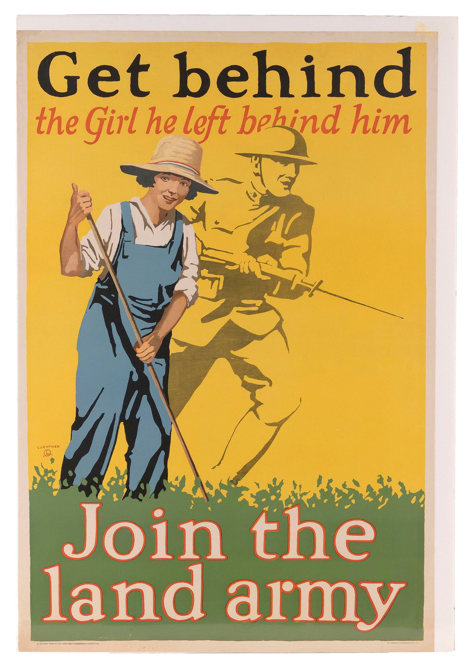 WWI POSTER "GET BEHIND THE GIRL HE LEFT BEHIND HIM JOIN THE LAND ARMY" Circa 1918 30.5" x 20". (1 of 1)