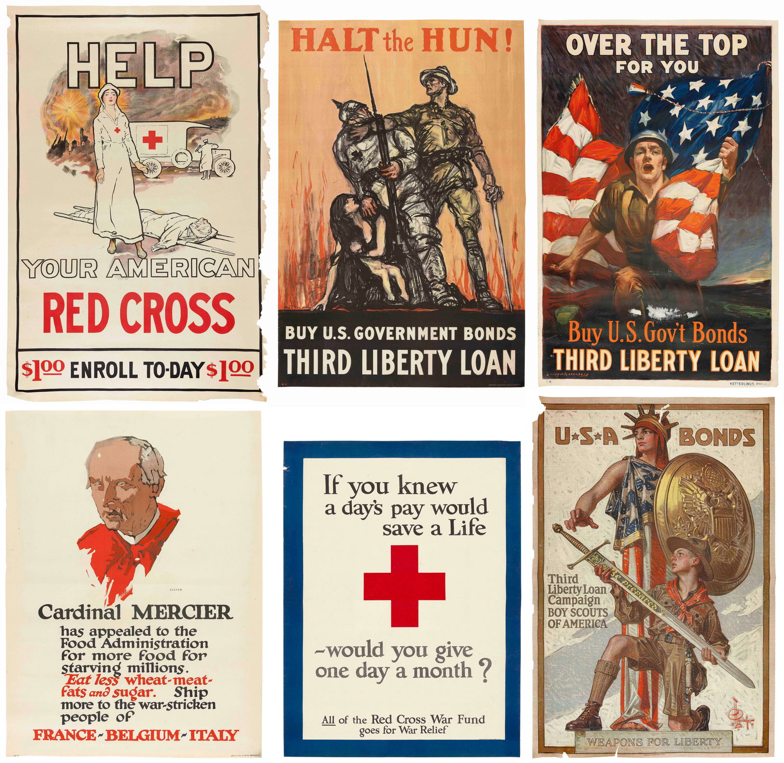 SIX WWI POSTERS Circa 1918 From 29" x 20" to 45" x 20". Unframed. (1 of 7)
