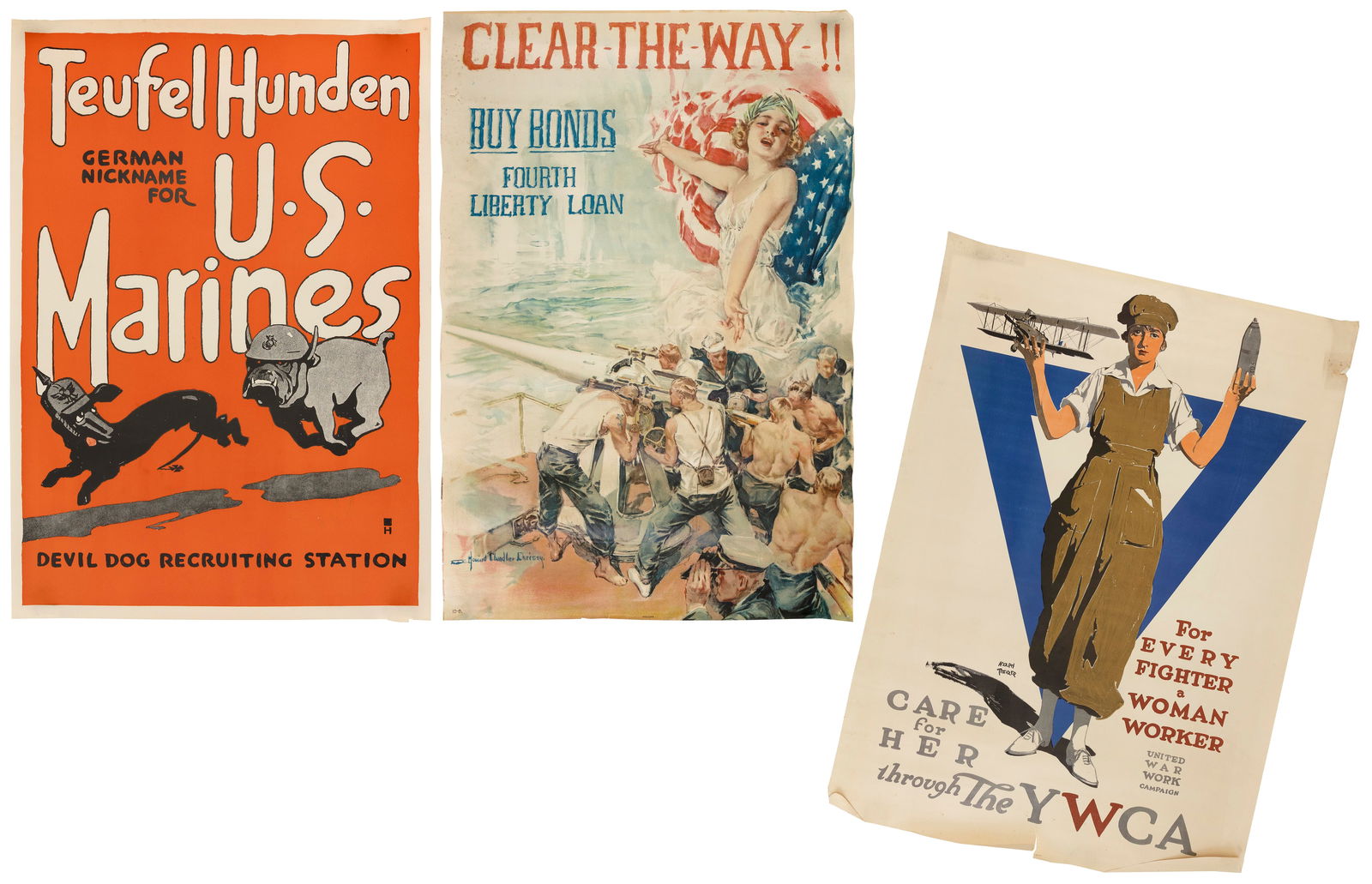 THREE WWI POSTERS Circa 1918 From 28" x 19" to 40" x 30". Unframed. (1 of 4)