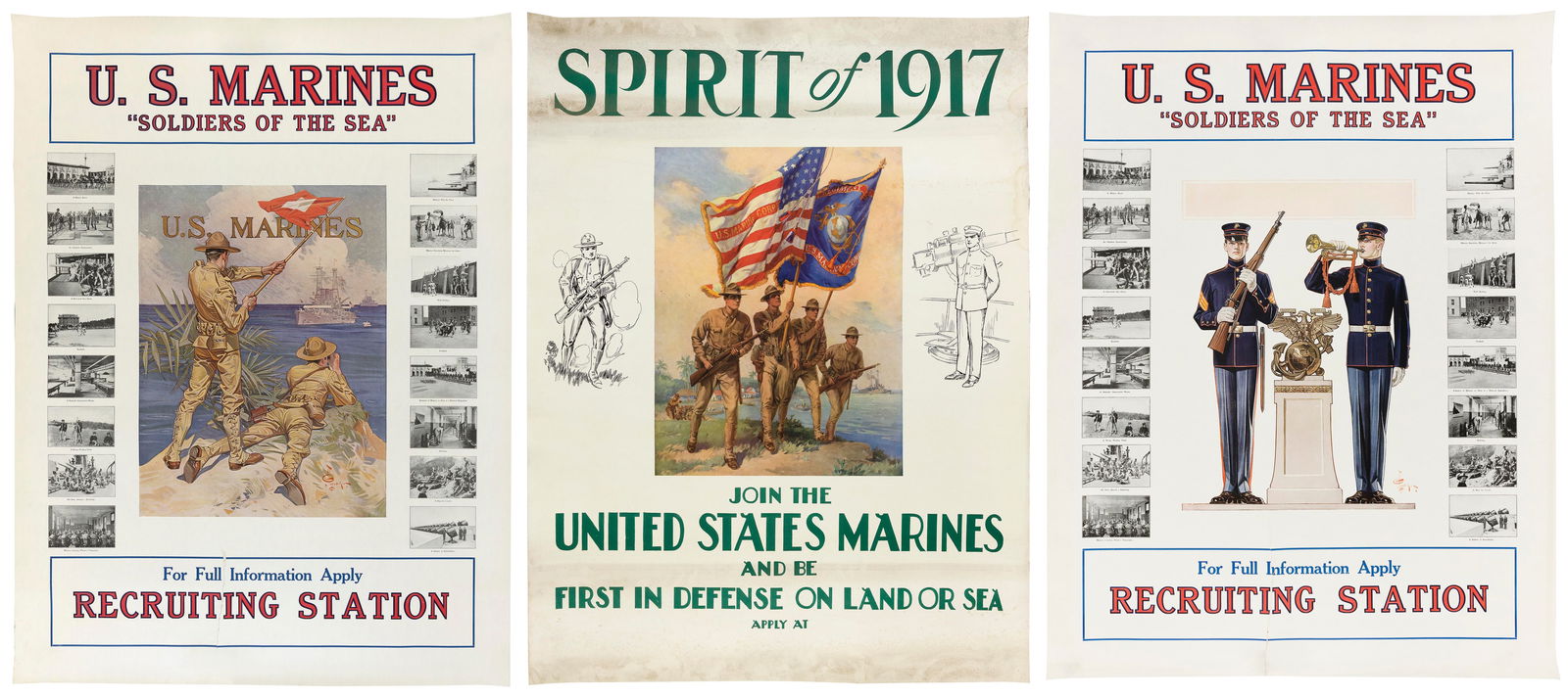 THREE WWI U.S. MARINES RECRUITMENT POSTERS Circa 1918 Each 40" x 30". Unframed. (1 of 4)