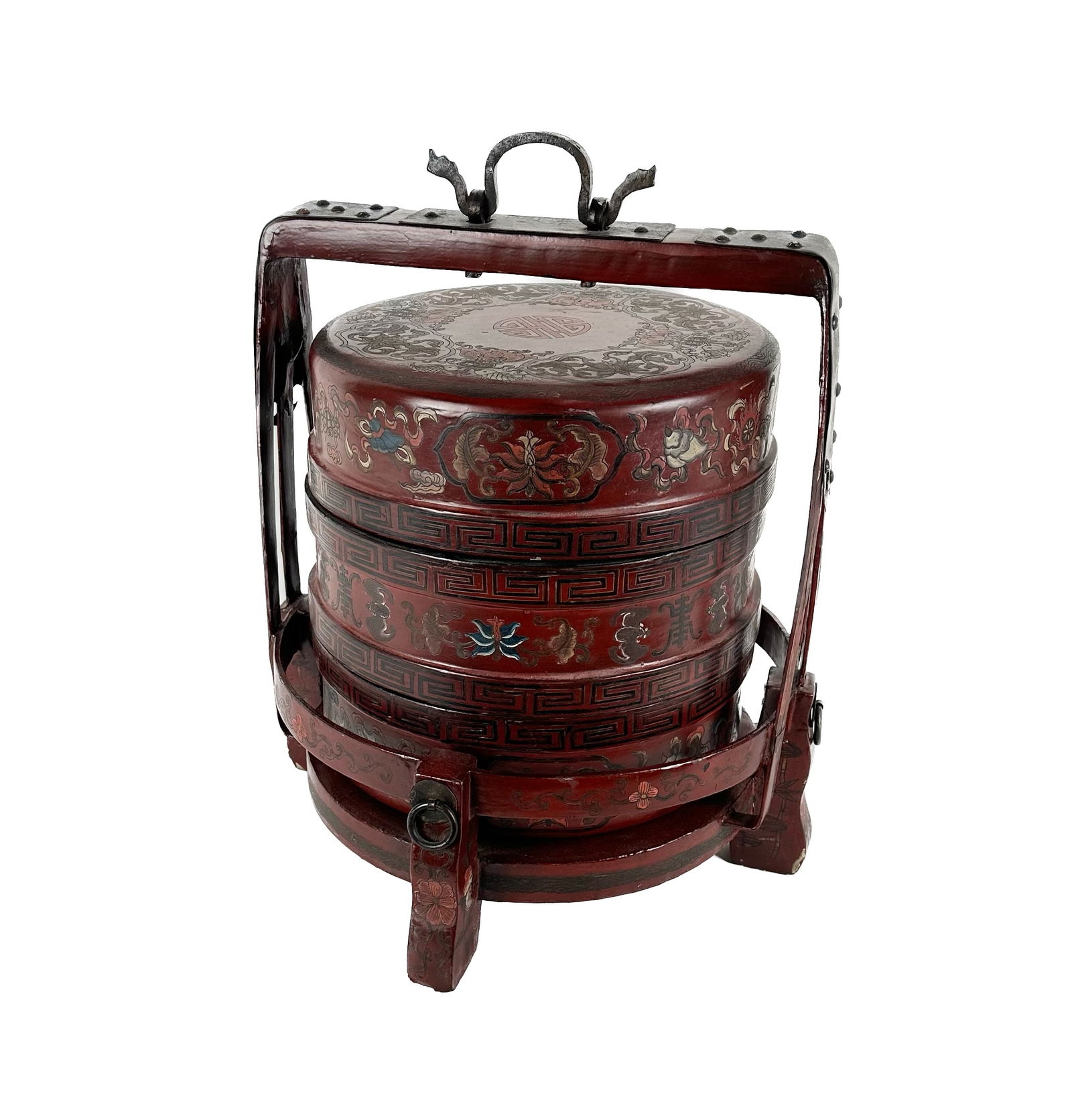 CHINESE RED LACQUER TIERED WEDDING BASKET 20th Century Height 19”. Diameter 12”. (1 of 1)