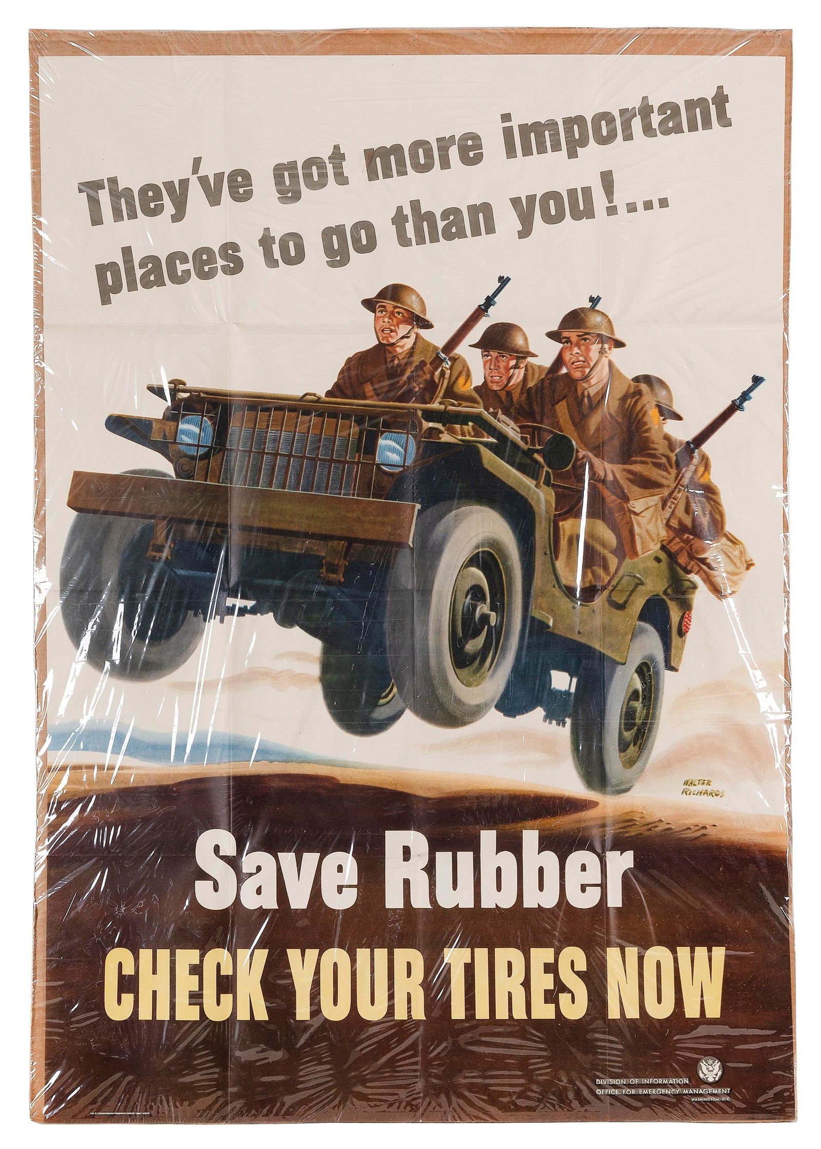 WWII POSTER "SAVE RUBBER CHECK YOUR TIRES NOW" Circa 1942 40" x 28". Unframed. (1 of 1)