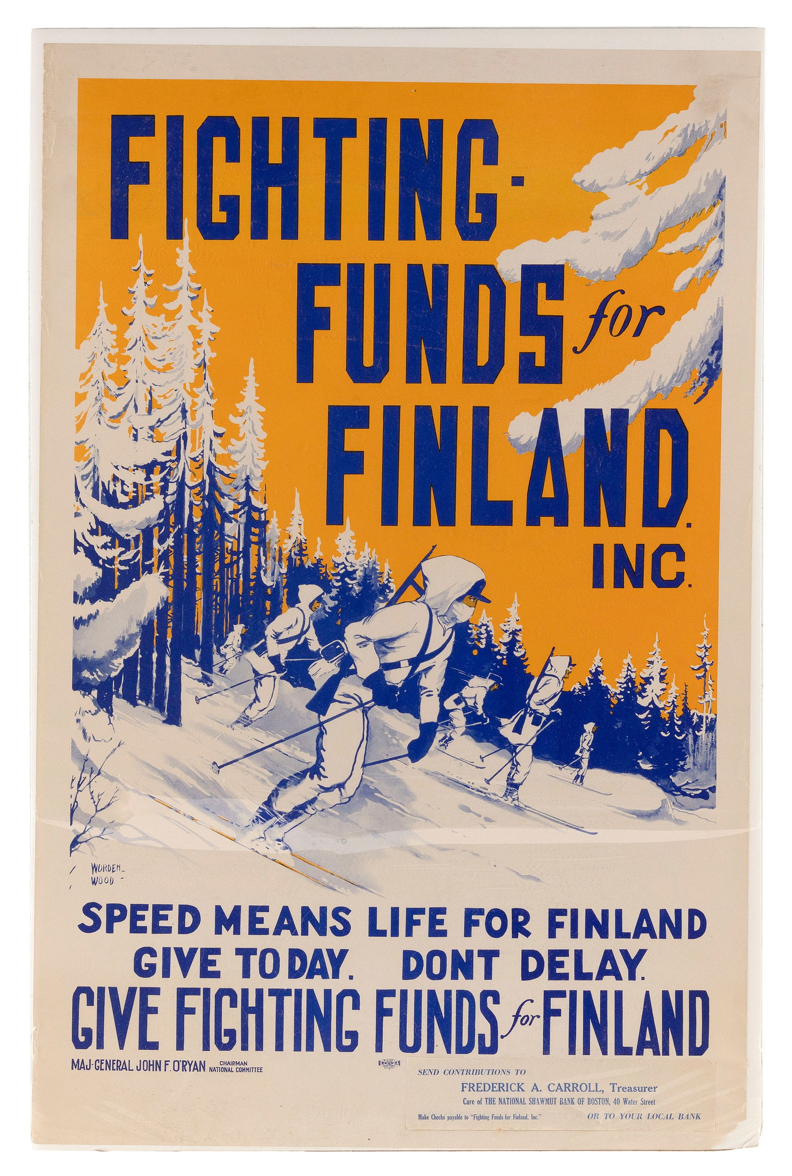 WWII POSTER "FIGHTING-FUNDS FOR FINLAND INC." Circa 1942 32" x 21". Unframed. (1 of 1)