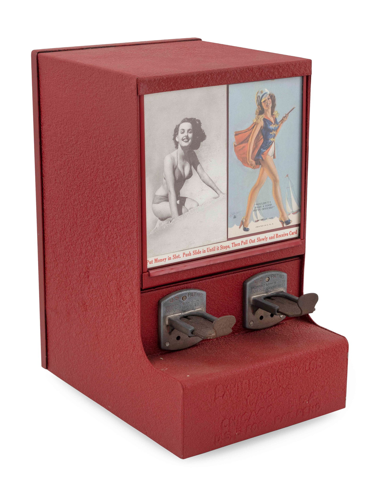 EARLY EXHIBIT SUPPLY CO. PIN-UP GIRL TRADE CARD VENDING MACHINE Chicago, Circa 1930 Height 24.5". (1 of 2)