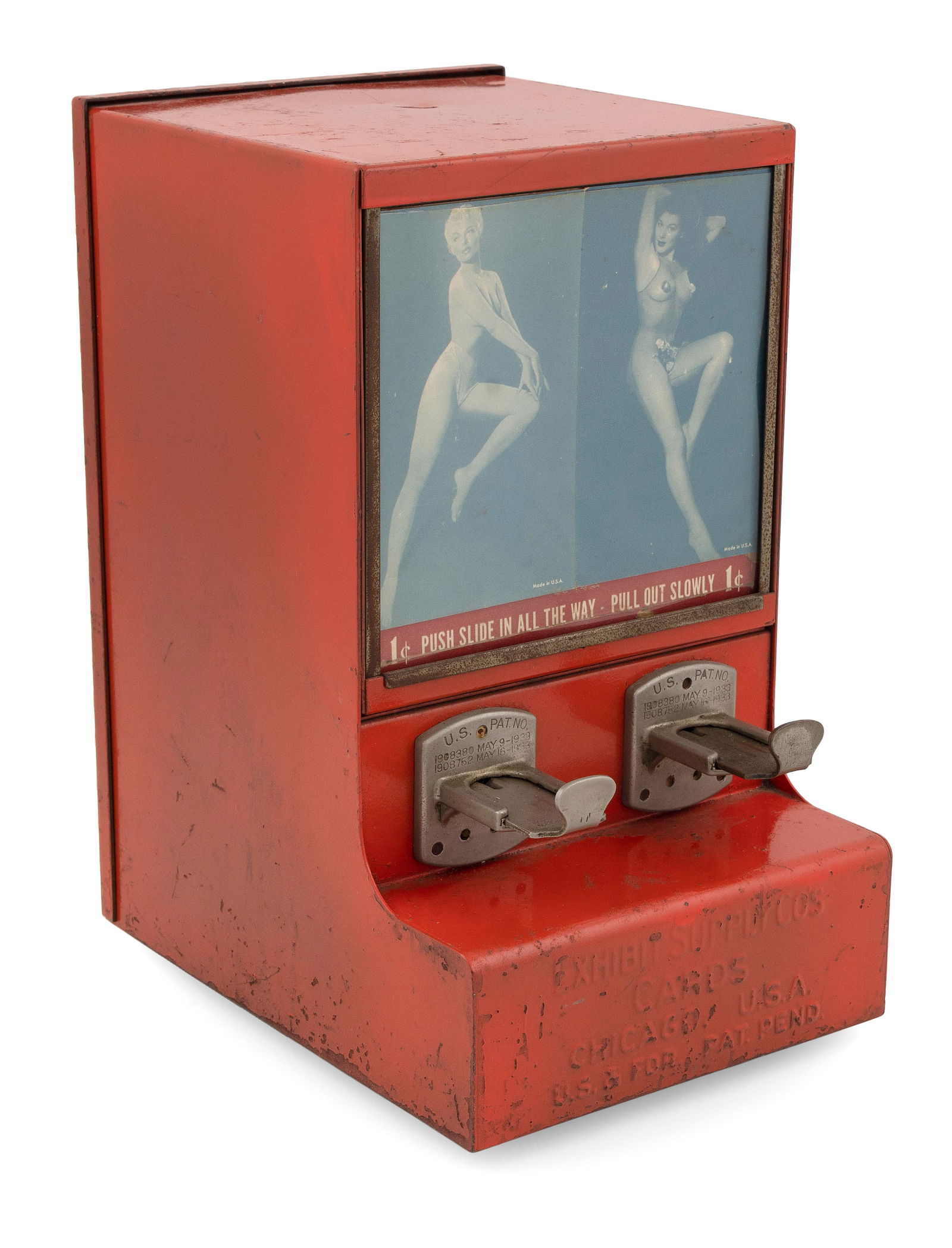 EARLY EXHIBIT SUPPLY CO. PIN-UP GIRL TRADE CARD VENDING MACHINE Chicago, Circa 1930 Height 12.5". (1 of 4)