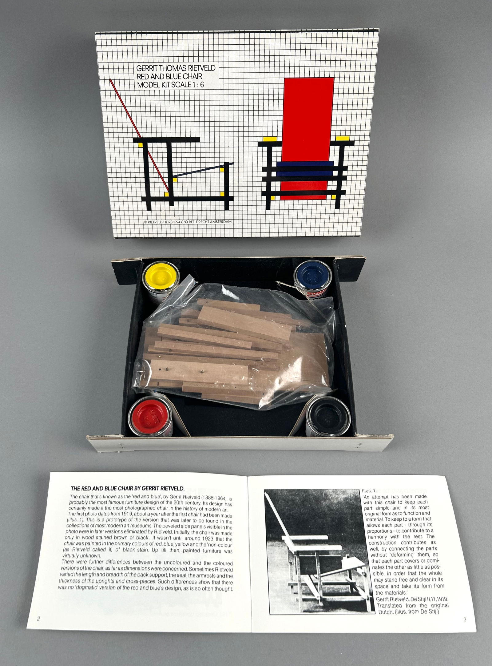 GERRIT THOMAS RIETVELD RED AND BLUE CHAIR MODEL KIT 20th Century Box height 6.5". Length 8.75". (1 of 1)