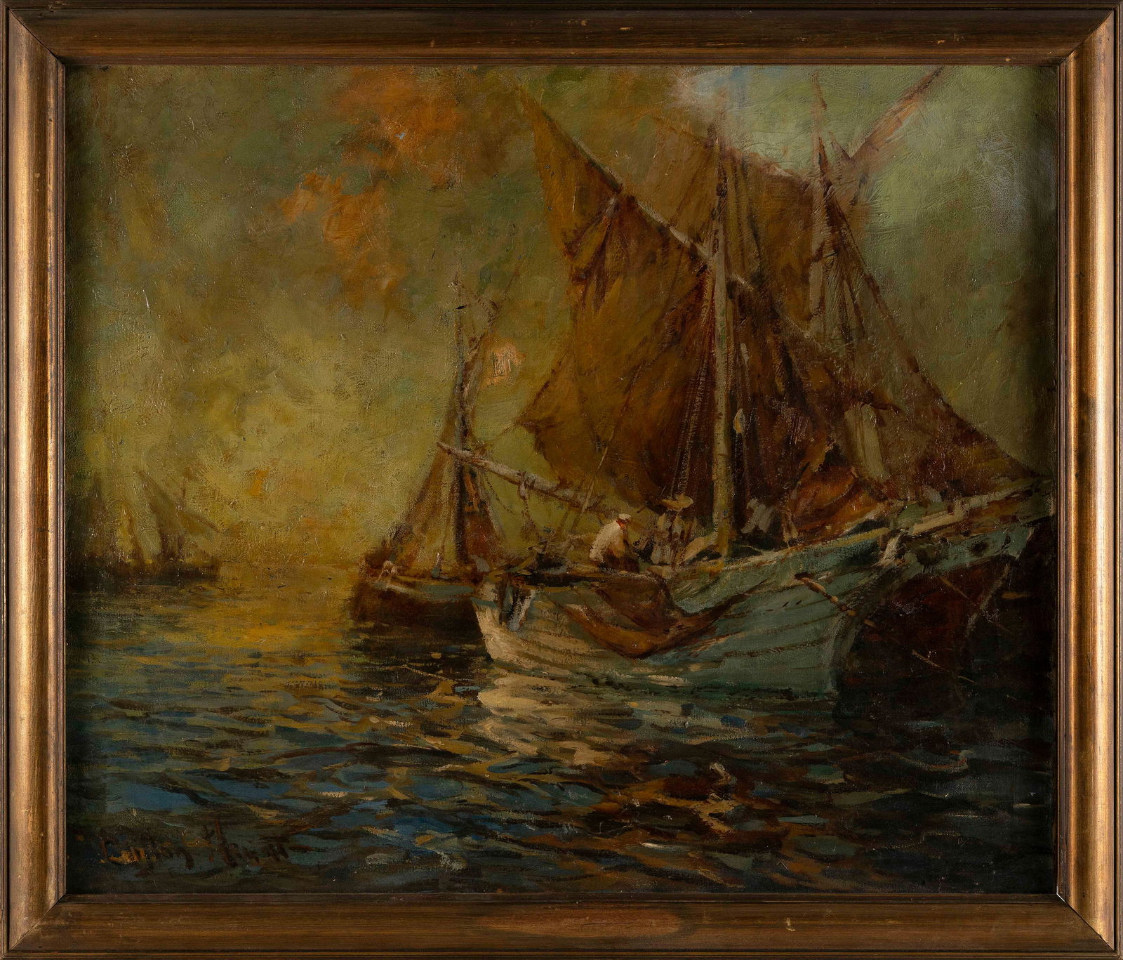 CAPE ANN SCHOOL (20th Century,), Boats in a harbor., Oil on canvas, 25" x 30". Framed 28.5" x 34". (1 of 2)