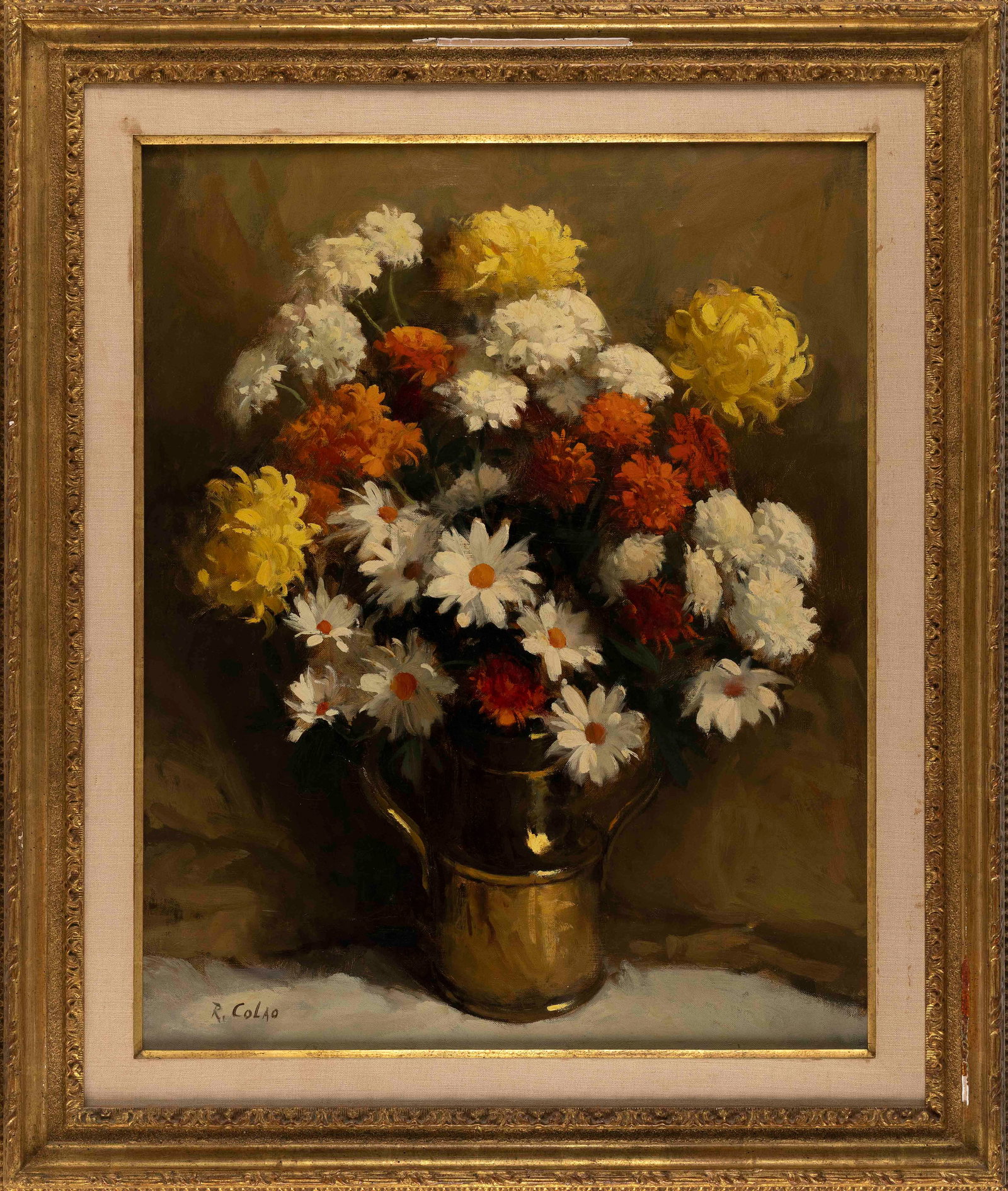 RUDOLPH COLAO (Massachusetts/Maine, 1927-2014), Floral still life., Oil on canvas, 30" x 24". Framed: RUDOLPH COLAO Massachusetts/Maine, 1927-2014 Floral still life. Signed lower left "R. Colao". Oil on canvas, 30" x 24". Framed 39" x 33". Rudolph Colao created his still 
