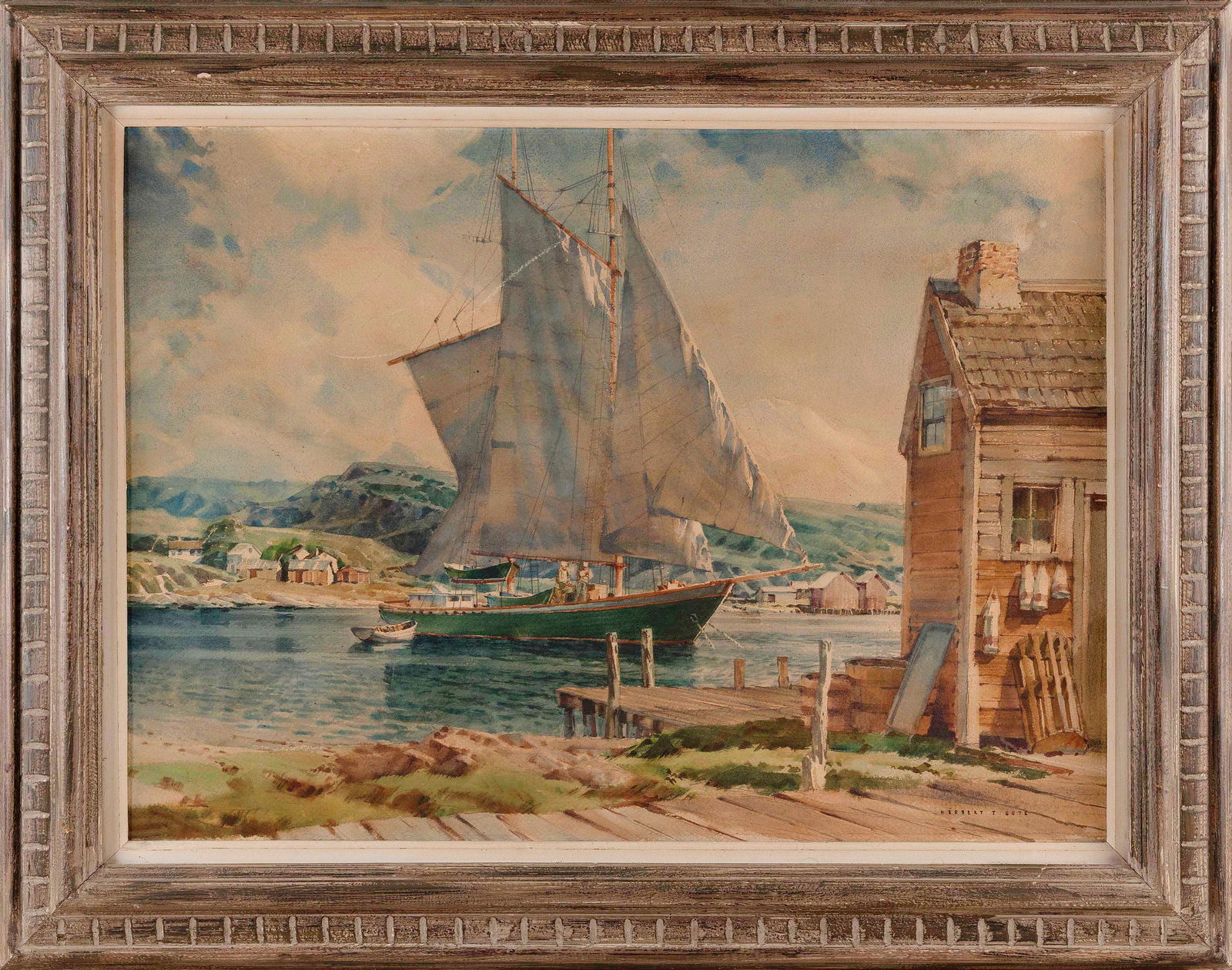 HERBERT JACOB GUTE (Connecticut, 1907-1977), Sailboat in harbor., Watercolor on cardboard, 20" x (1 of 2)