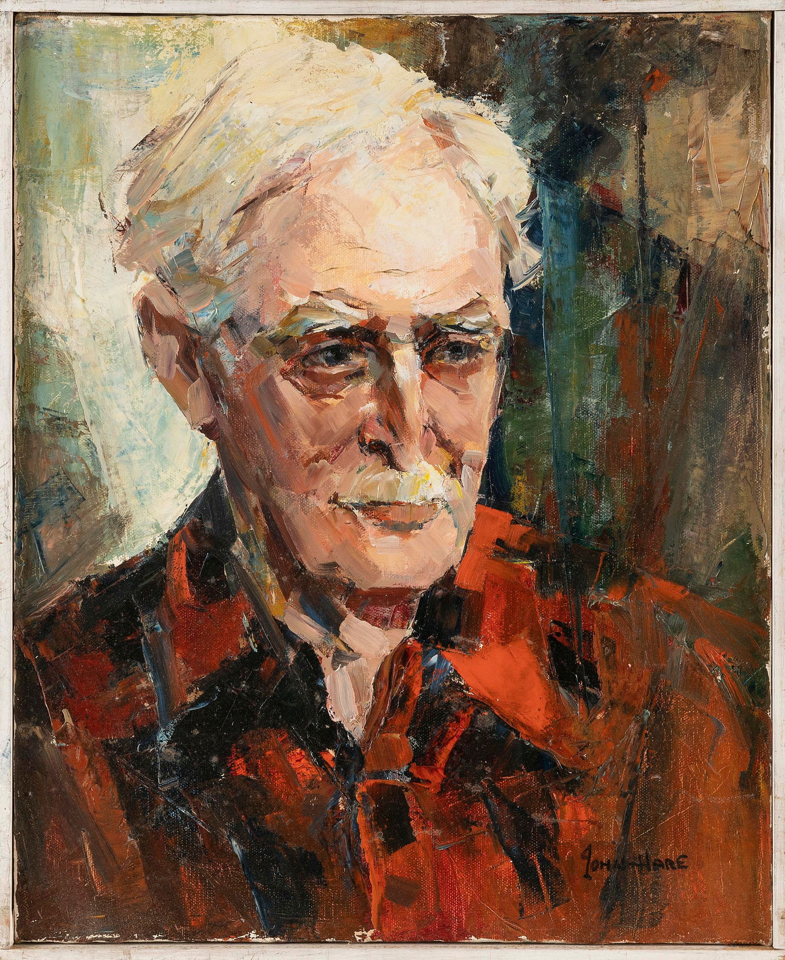 JOHN CUTHBERT HARE (Massachusetts/Florida, 1908-1978), Portrait of a man wearing a red shirt., Oil: JOHN CUTHBERT HAREMassachusetts/Florida, 1908-1978Portrait of a man wearing a red shirt. Signed lower right "John Hare".Oil on canvas, 16" x 13". Framed 17" x 14". Notes:John Cuthbert Hare is primaril
