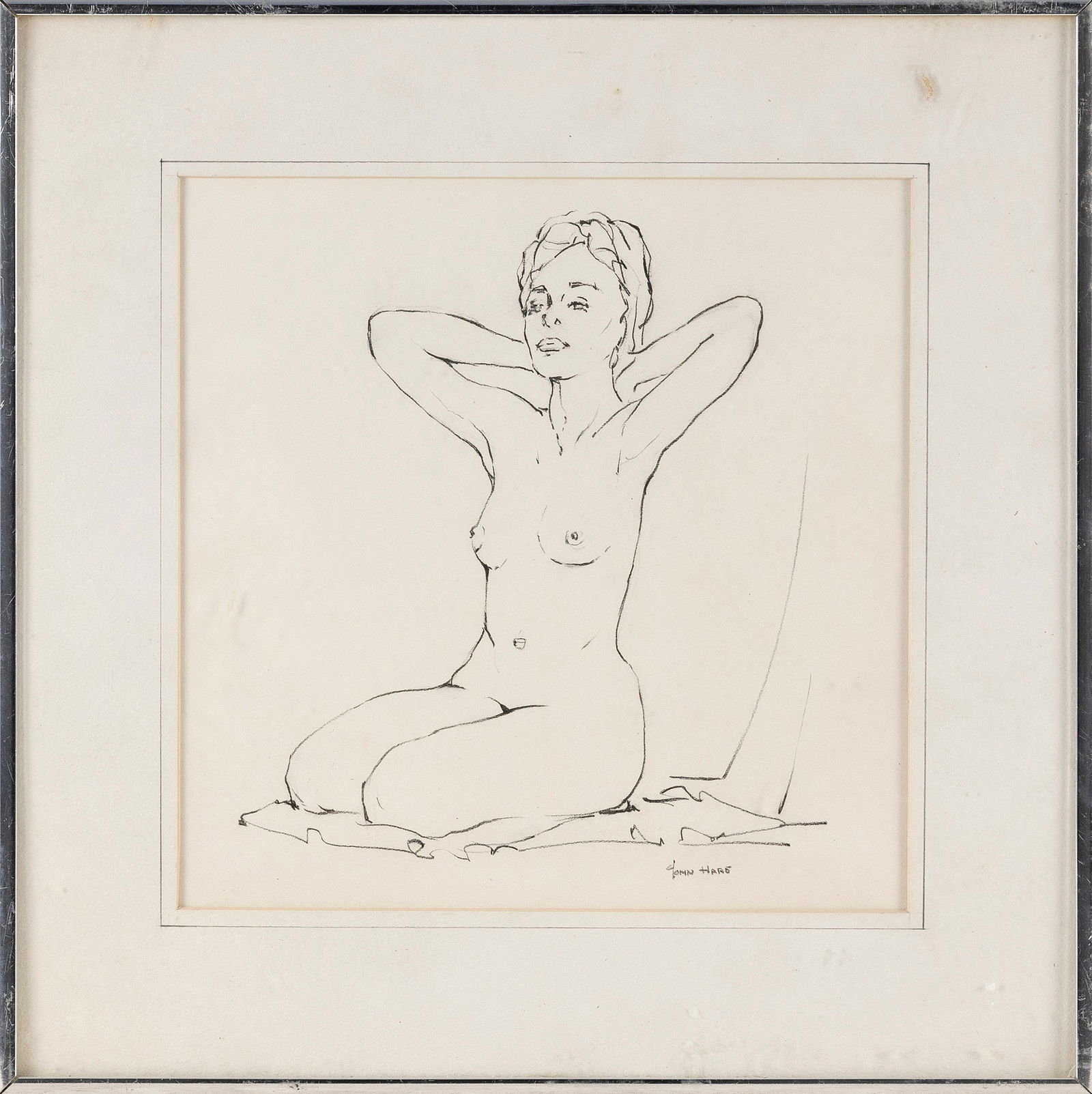JOHN CUTHBERT HARE (Massachusetts/Florida, 1908-1978), "Life Class", a line drawing of a nude.,: JOHN CUTHBERT HAREMassachusetts/Florida, 1908-1978"Life Class", a line drawing of a nude. Signed lower right "John Hare".Pencil on paper, 9.5" x 9.5" sight. Framed 14&quo