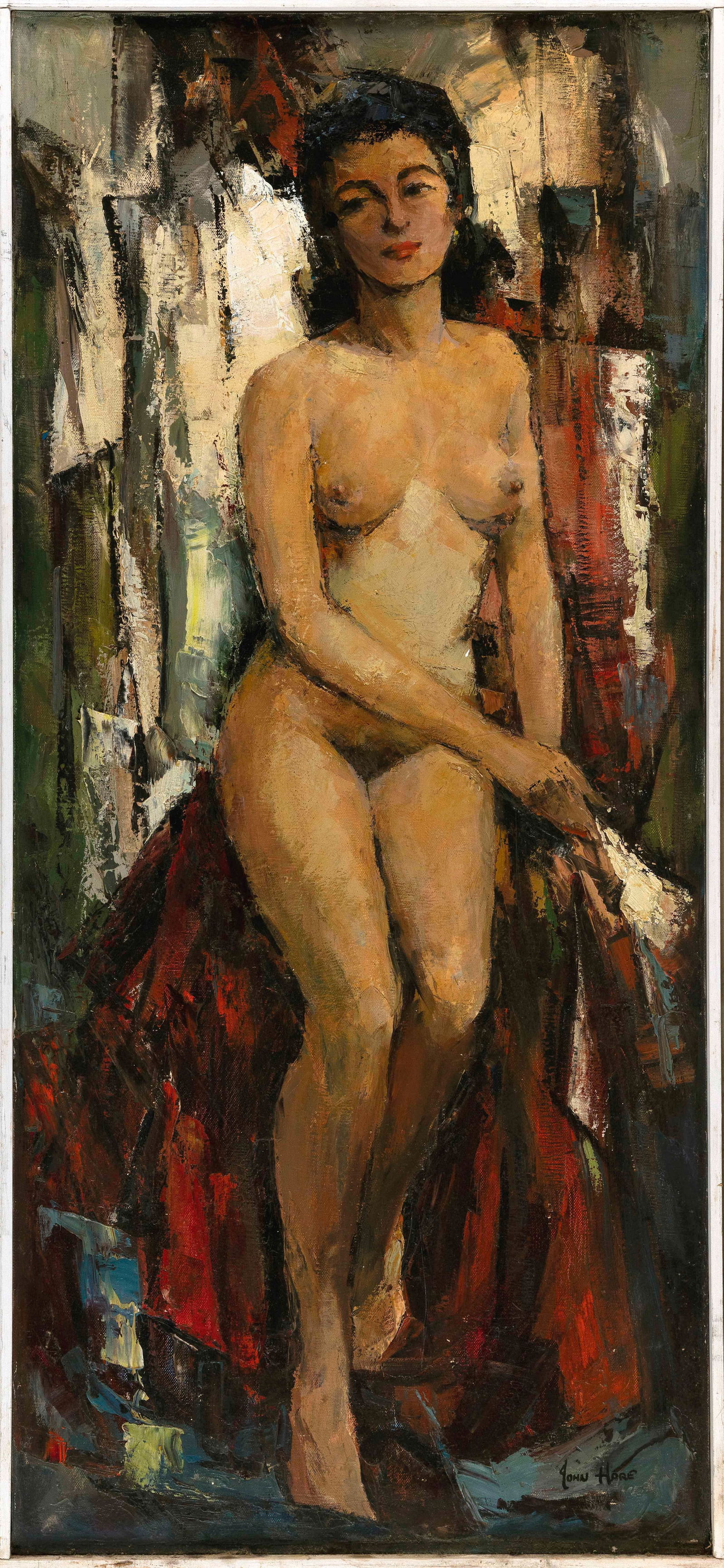 JOHN CUTHBERT HARE (Massachusetts/Florida, 1908-1978), Study of a nude., Oil on canvas, 16" x 36".: JOHN CUTHBERT HAREMassachusetts/Florida, 1908-1978Study of a nude. Signed lower right "John Hare".Oil on canvas, 16" x 36". Framed 17" x 37".
