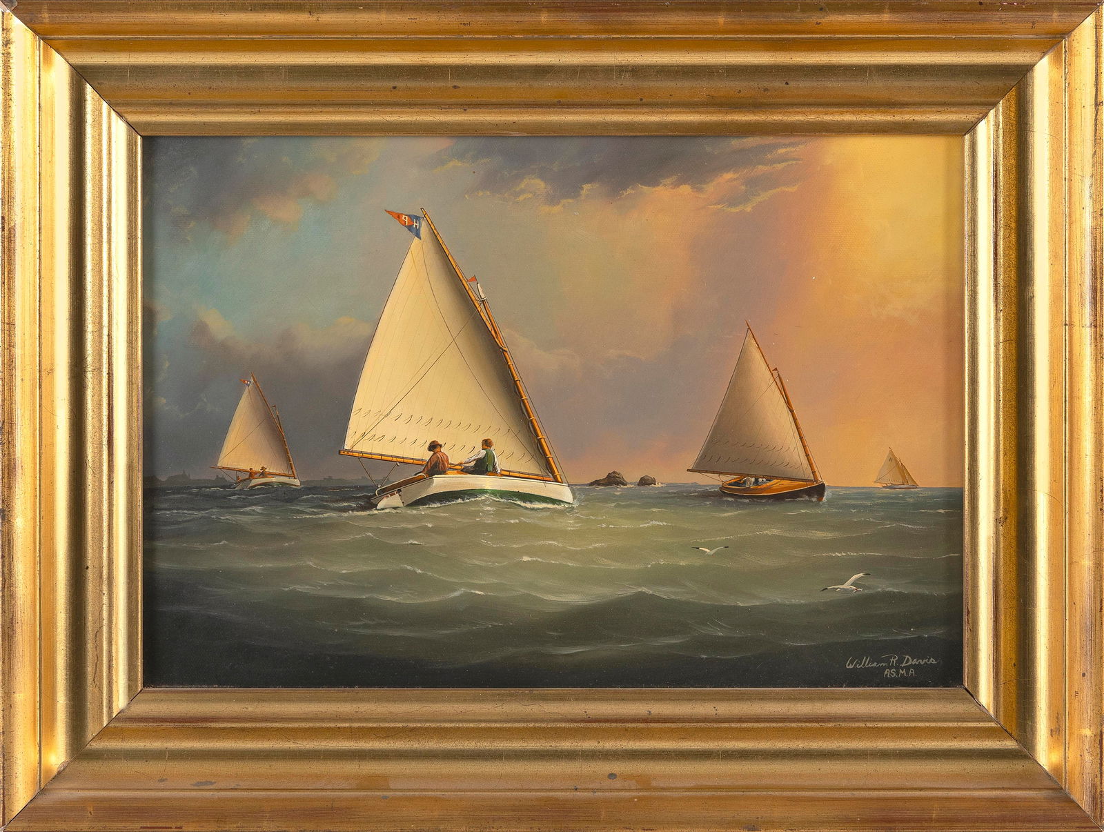WILLIAM ROBERT DAVIS (Massachusetts, 1952-), Hyannis Yacht Club catboat race., Oil on canvas, 11" x (1 of 2)