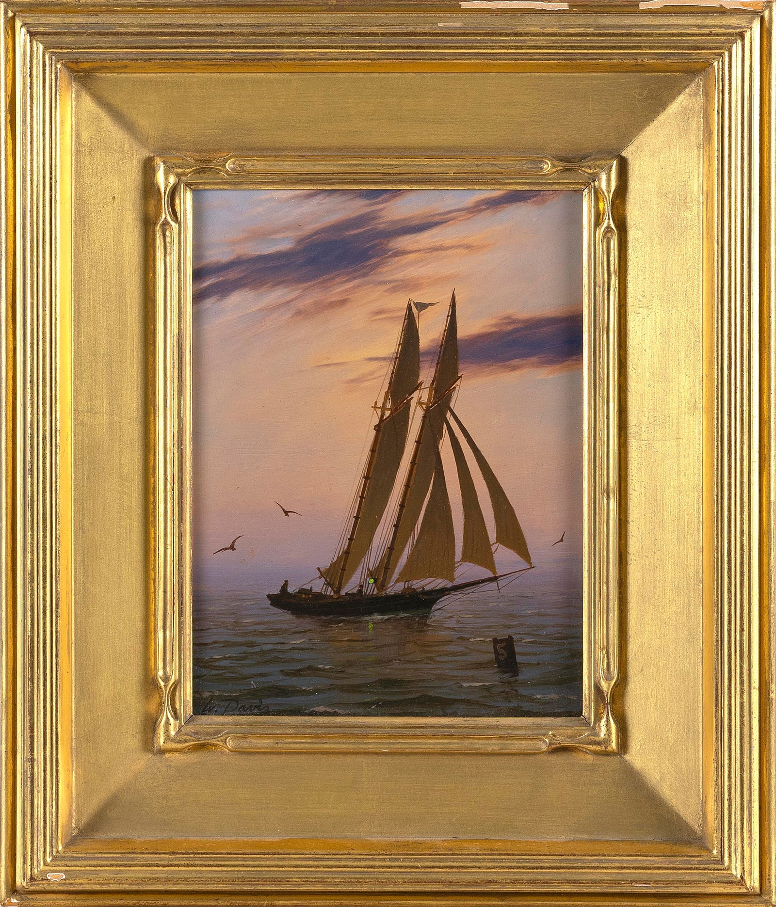WILLIAM ROBERT DAVIS (Massachusetts, 1952-), "Twilight Sail"., Oil on panel, 8" x 6". Framed 13" x (1 of 2)
