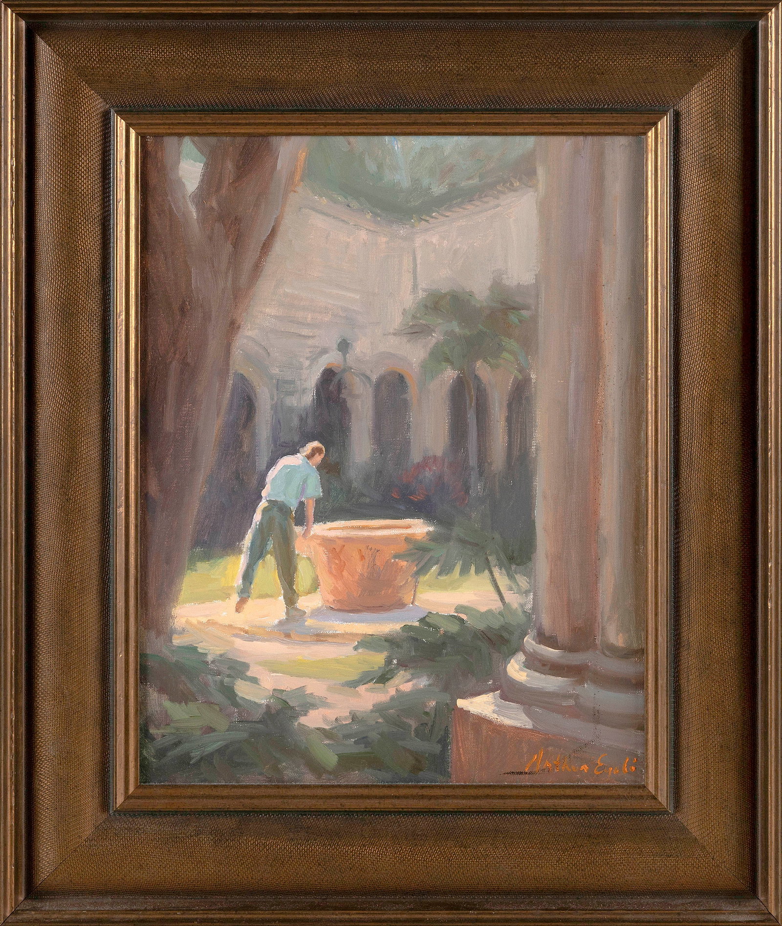 ARTHUR BJORN EGELI (California/Maryland, 1964-), Figure in a tropical courtyard., Oil on canvas, 14": ARTHUR BJORN EGELI California/Maryland, 1964- Figure in a tropical courtyard. Signed lower right "Arthur Egeli". Oil on canvas, 14" x 11" sight. Framed 19" x 16".