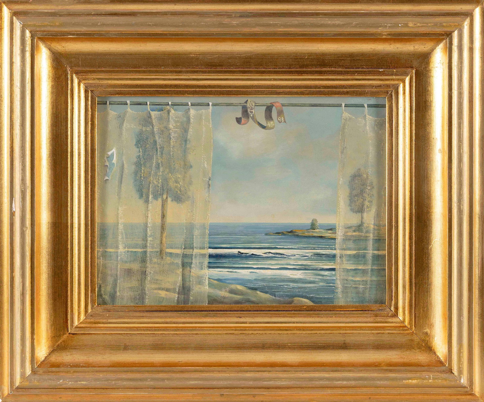 ZAMFIR DUMITRESCU (Romania, 1946-), "The Curtains"., Oil on board, 9" x 12". Framed 16" x 19".: ZAMFIR DUMITRESCU Romania, 1946- "The Curtains". Signed upped middle "Z.D.". Titled on artist's label verso. Oil on board, 9" x 12". Framed 16" x 19". Zamfir Du