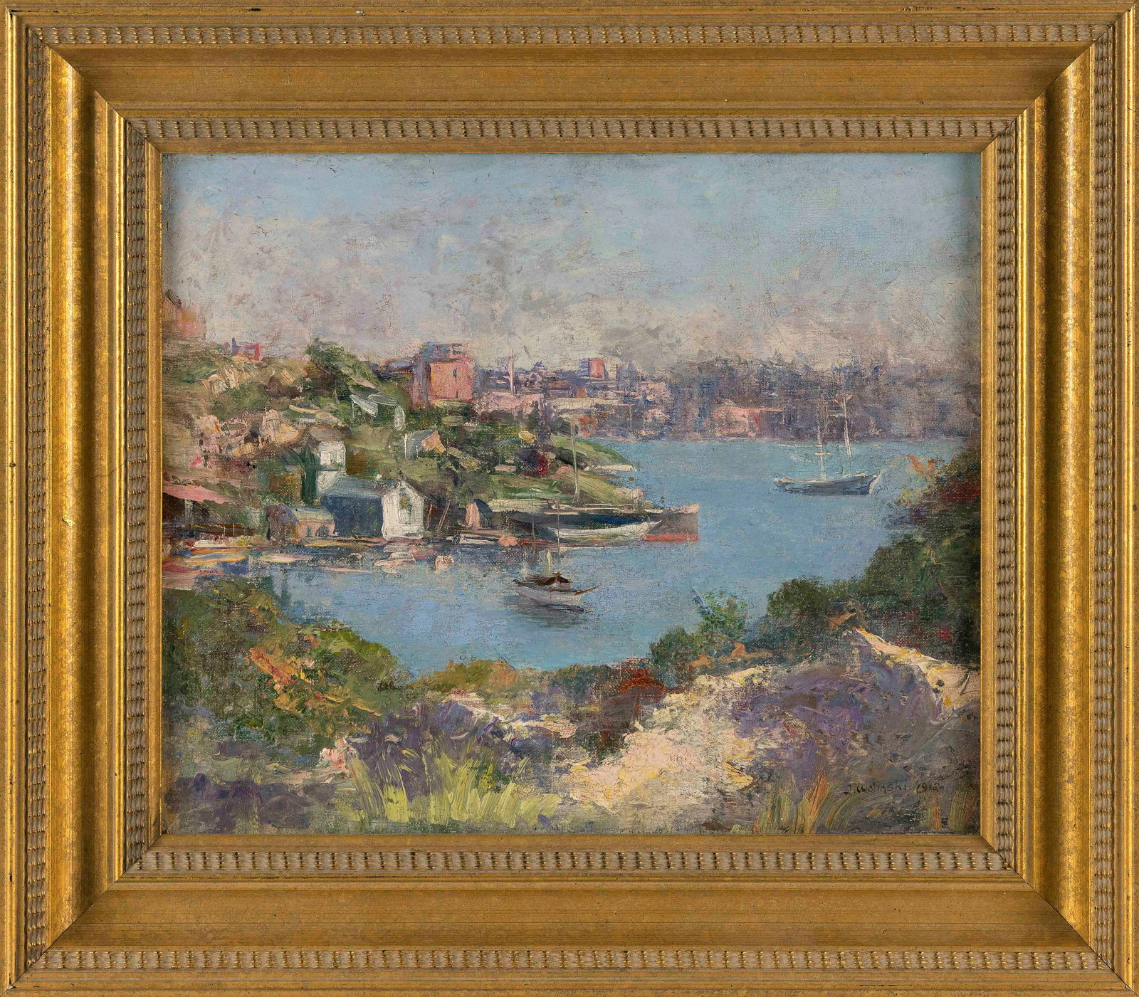 JOSEPH WOLINSKI (Australia, 1872-1955), City scene., Oil on canvas, 12" x 14". Framed 16.5" x 18.5". (1 of 2)