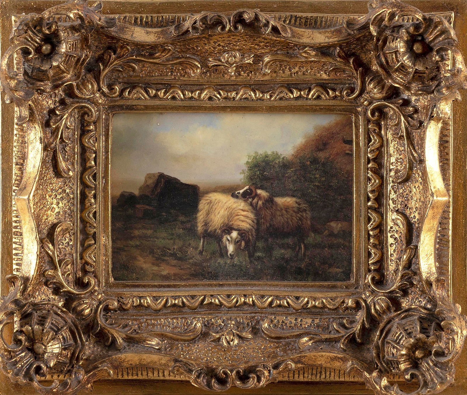 SCOTTISH SCHOOL (19th Century,), Grazing sheep., Oil on panel, 4.5" x 6.25". Framed 10.5" x 12.5". (1 of 2)