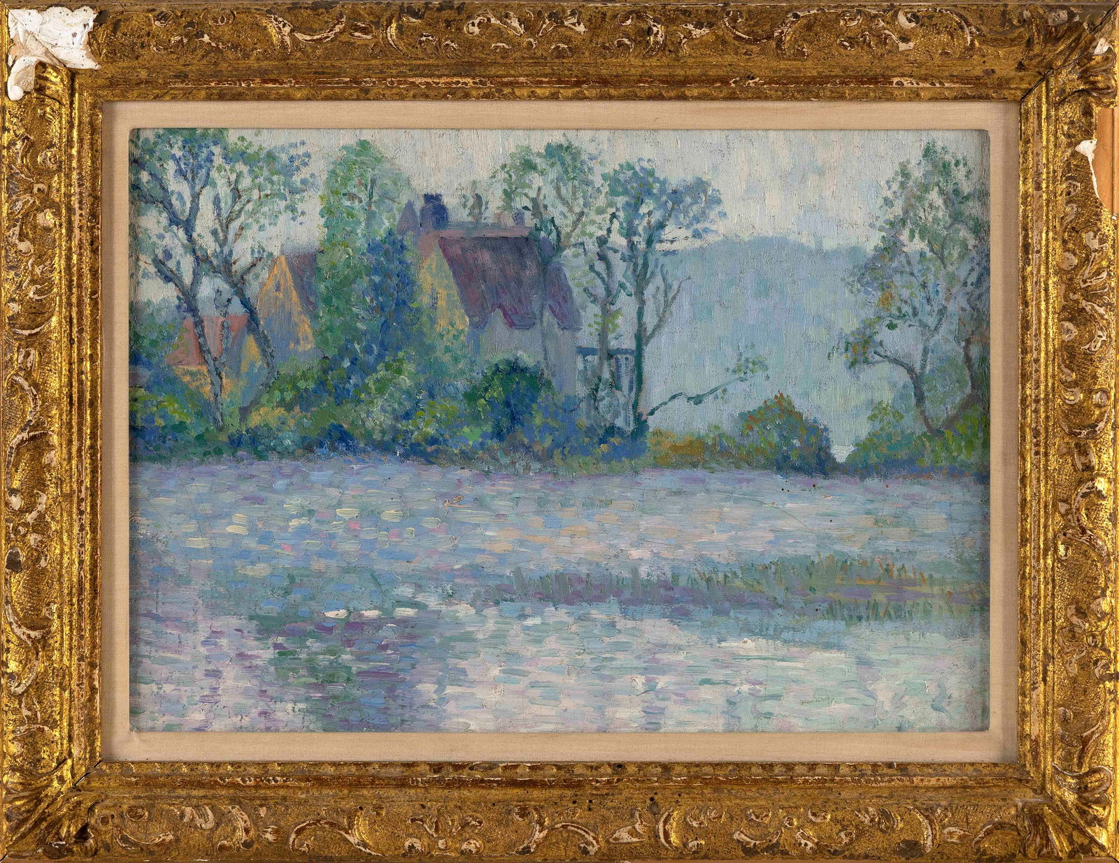 ATTRIBUTED TO PAUL DOUGHERTY (California/New York/France, 1877-1947), House nestled in the trees.,: ATTRIBUTED TO PAUL DOUGHERTYCalifornia/New York/France, 1877-1947House nestled in the trees. Unsigned. Inscribed verso "Paul Dougherty".Oil on board, 10" x 14". Framed 13" x 17".