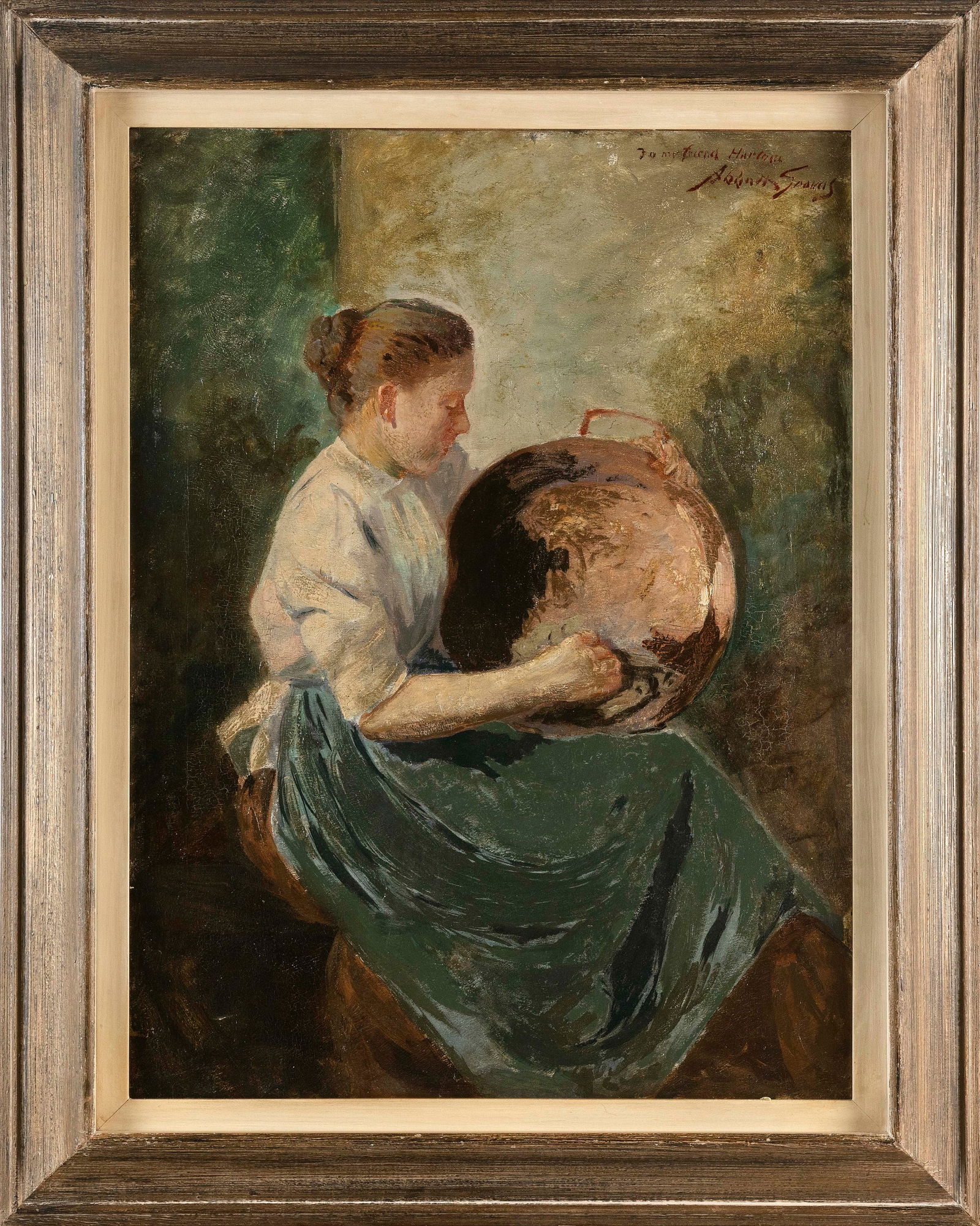 ABBOTT FULLER GRAVES (Massachusetts/Maine, 1859-1936), A woman scrubbing a brass basin., Oil on (1 of 2)