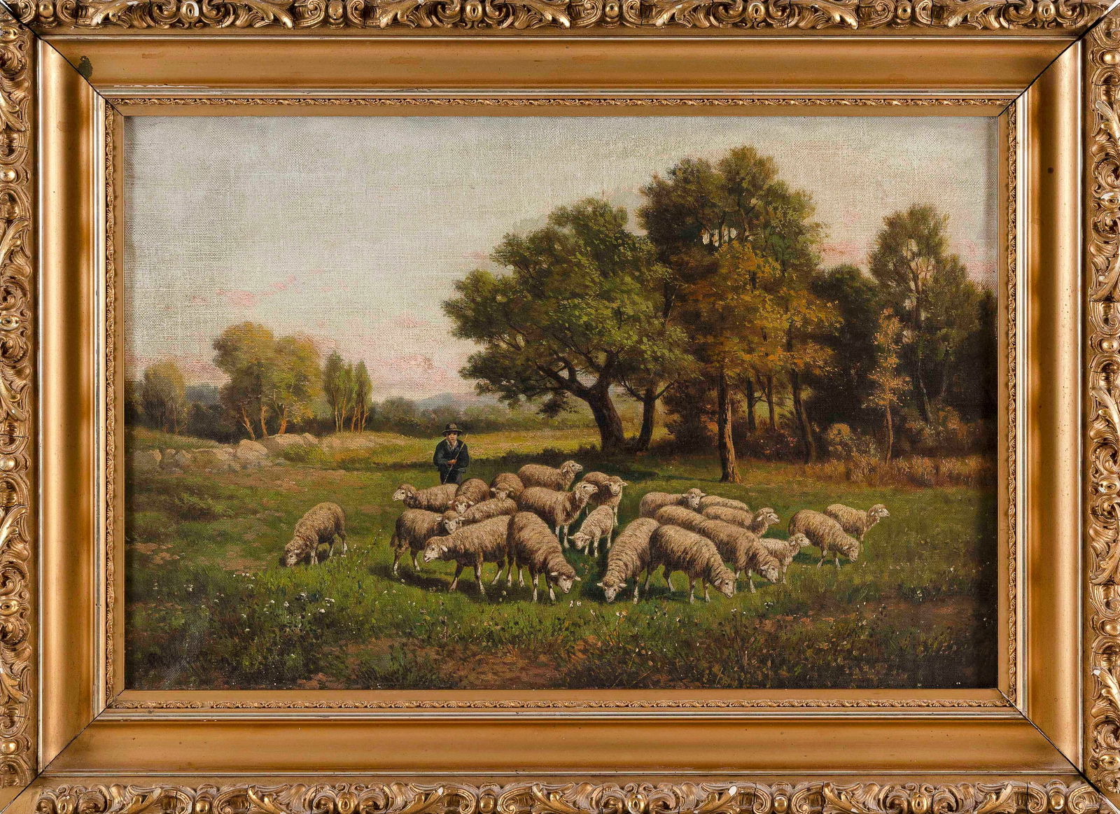 CHARLES T. PHELAN (New York, b. 1840), Sheep in a meadow., Oil on canvas, 16.5” x 24”.: CHARLES T. PHELANNew York, b. 1840Sheep in a meadow. Signed lower left “C. Phelan”.Oil on canvas, 16.5” x 24”. Framed 21.5” x 30”.