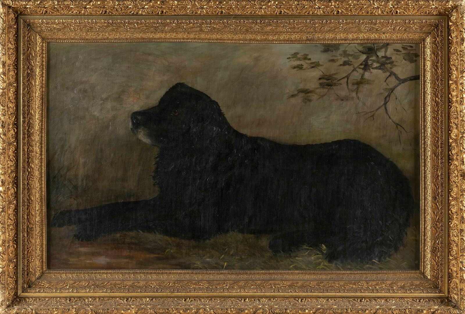 VICTORIAN PAINTING OF A BLACK DOG IN REPOSE Late 19th Century Oil on canvas, 22" x 36". Framed 30" x (1 of 2)