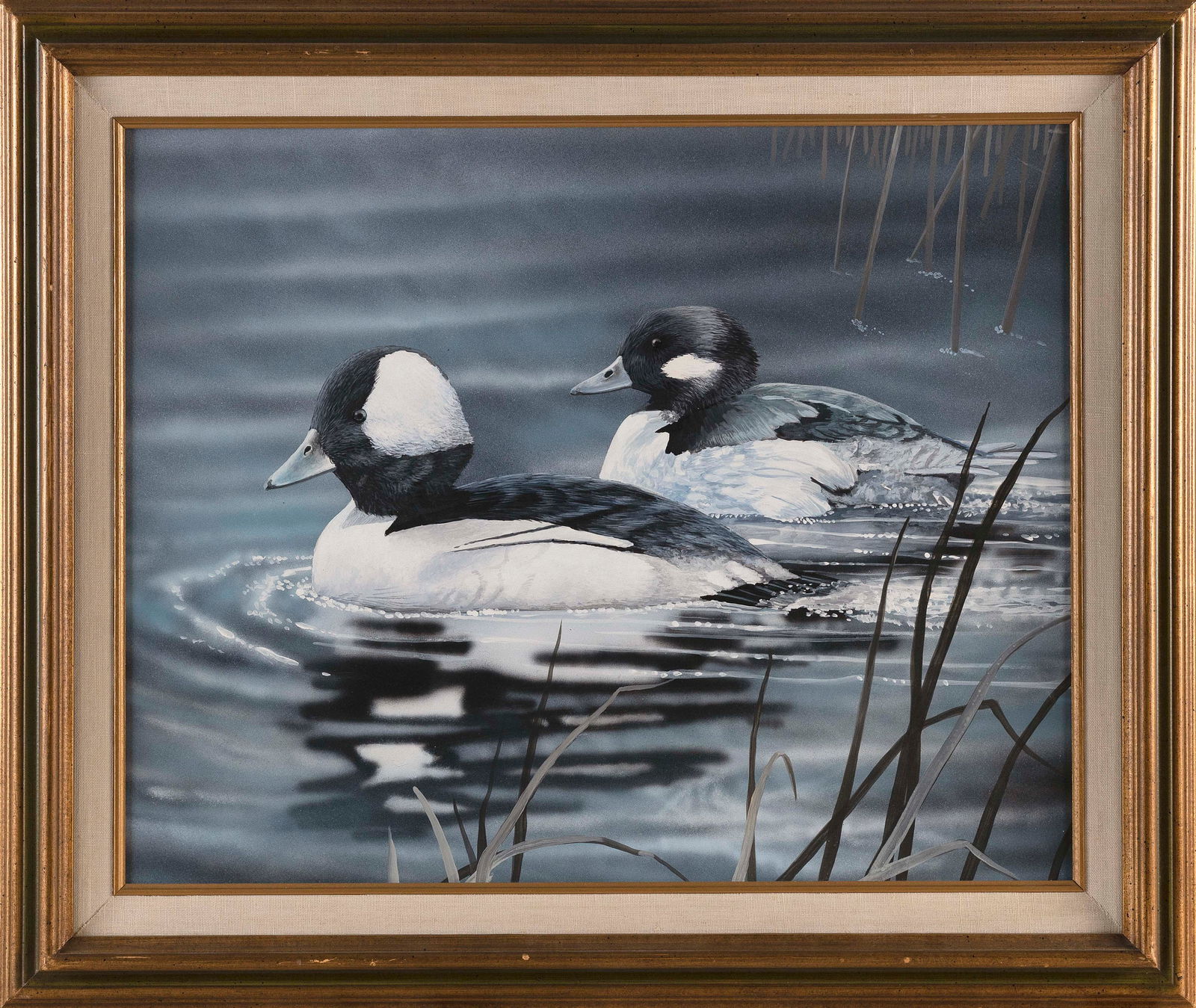 AMERICAN SCHOOL (Late 20th Century,), Bufflehead drake and hen., Tempera on panel, 16” x: AMERICAN SCHOOLLate 20th CenturyBufflehead drake and hen. Unsigned.Tempera on panel, 16” x 20” sight. Framed 21” x 25”.