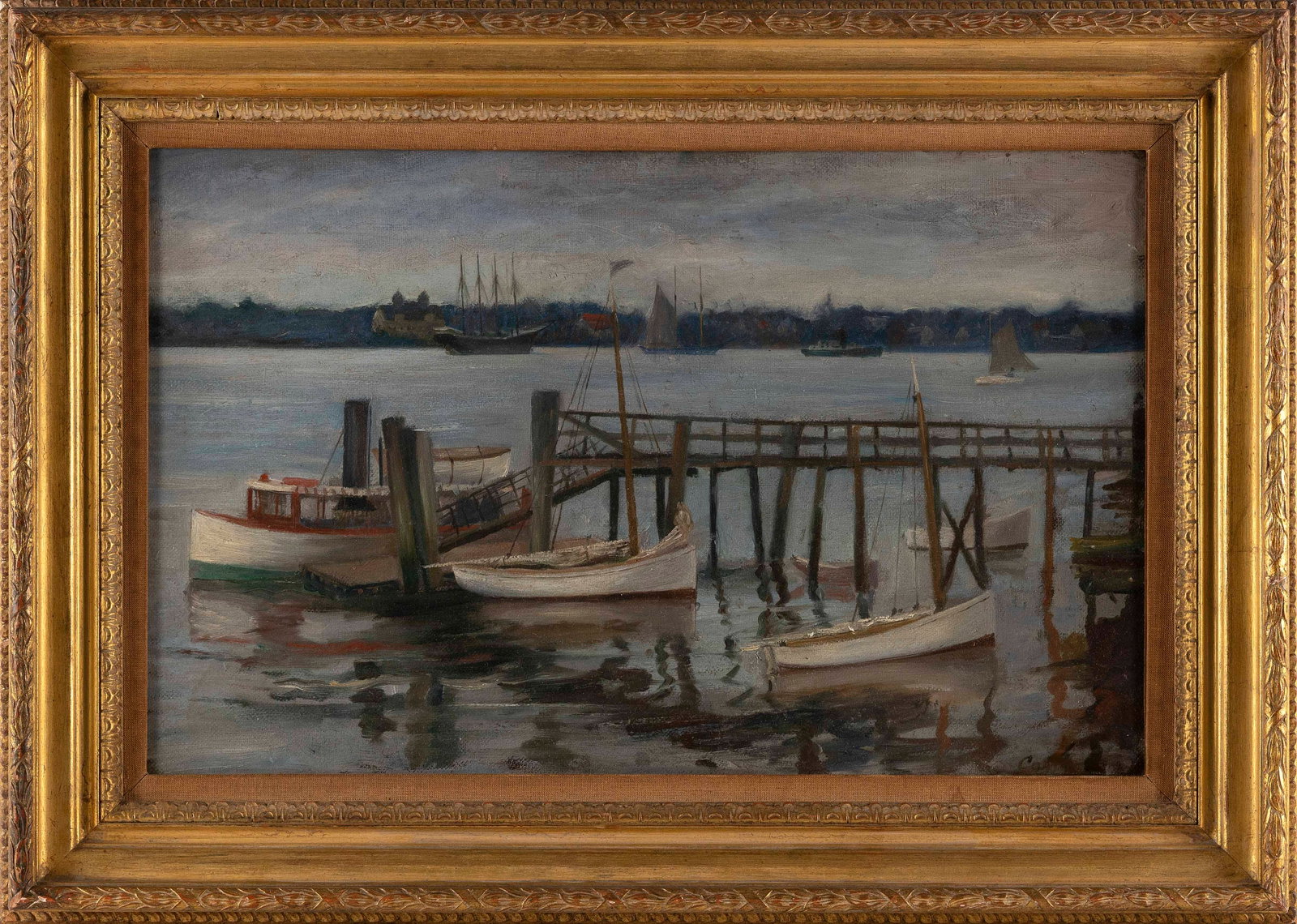 CHARLES BAYLEY COOK (New York/Maine, 1882-1932), Boats at dock., Oil on canvas, 14" x 22". Framed: CHARLES BAYLEY COOK New York/Maine, 1882-1932 Boats at dock. Signed lower right. Oil on canvas, 14" x 22". Framed 20" x 28".