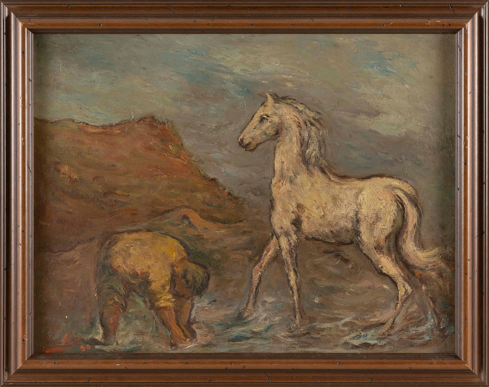PAINTING OF A MAN AND HIS HORSE AT A RIVER Mid-20th Century Oil on board, 17" x 23" sight. Framed (1 of 2)