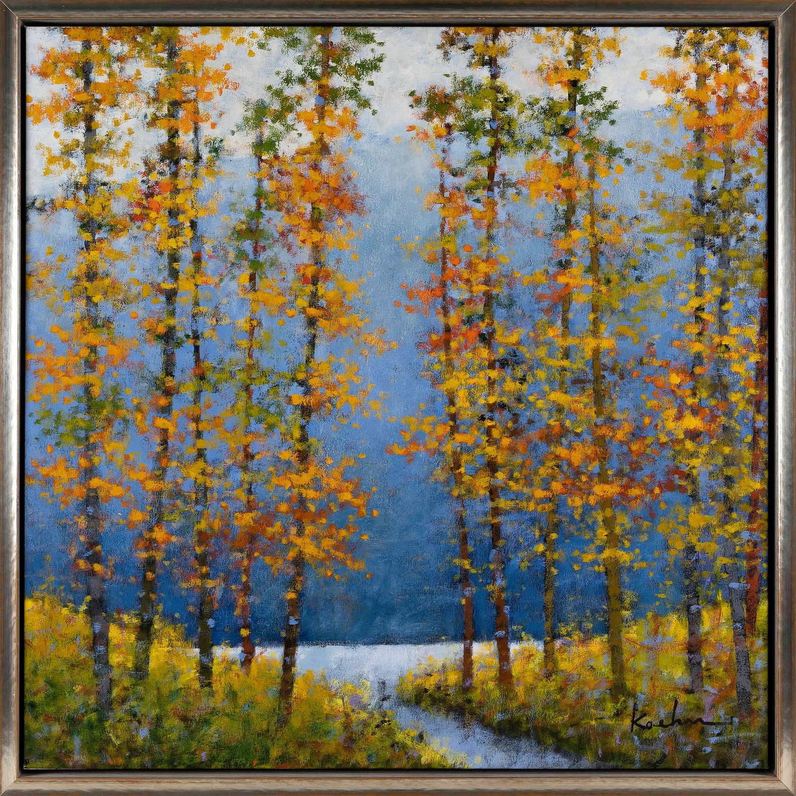 JEFF KOEHN (Colorado, Contemporary), "Lake View"., Oil on canvas, 31" x 31". Framed 33" x 33". (1 of 2)