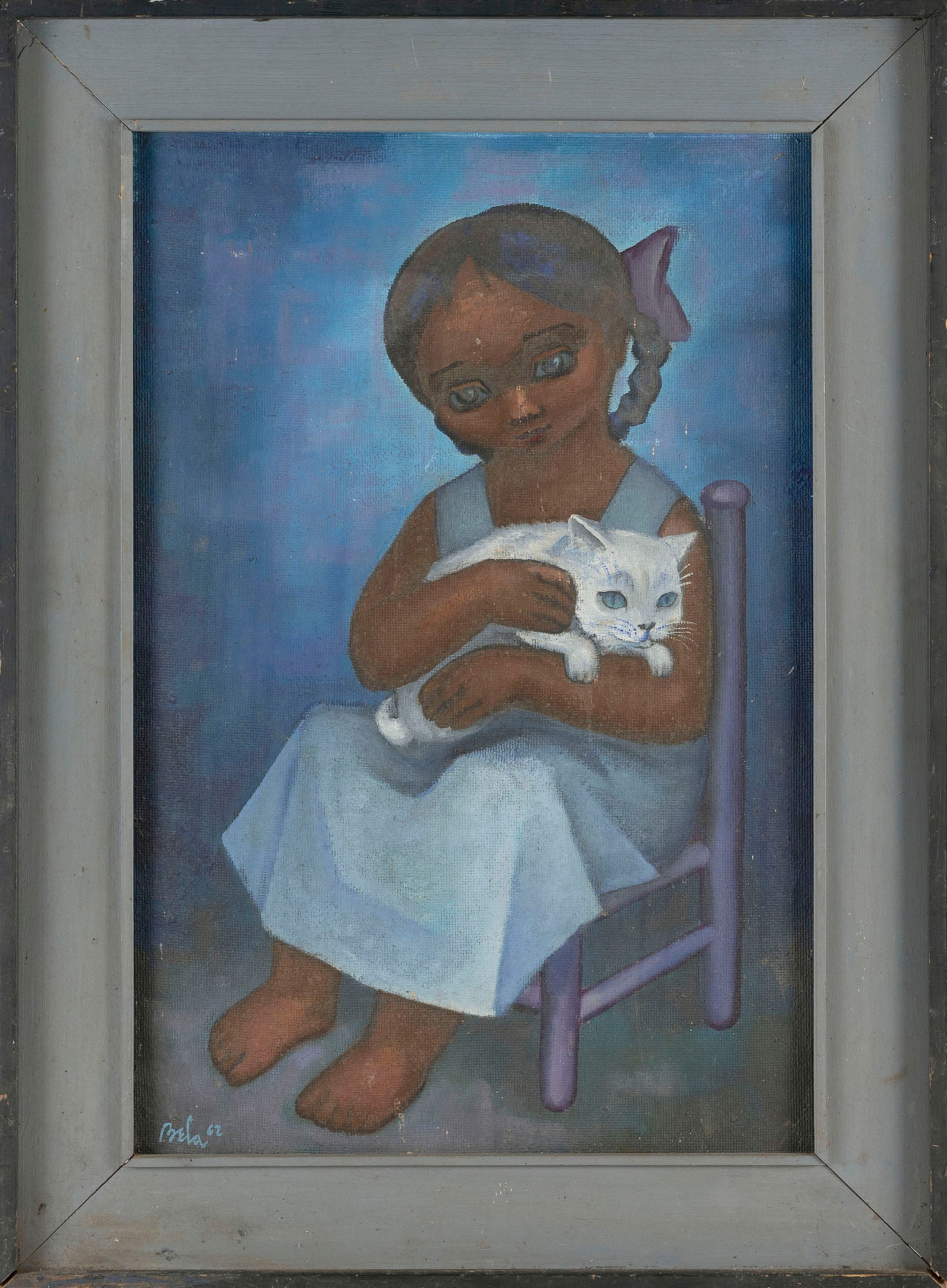 PORTRAIT OF A GIRL AND HER CAT Mid-20th Century Oil on masonite, 24" x 16". Framed 31" x 22". (1 of 2)
