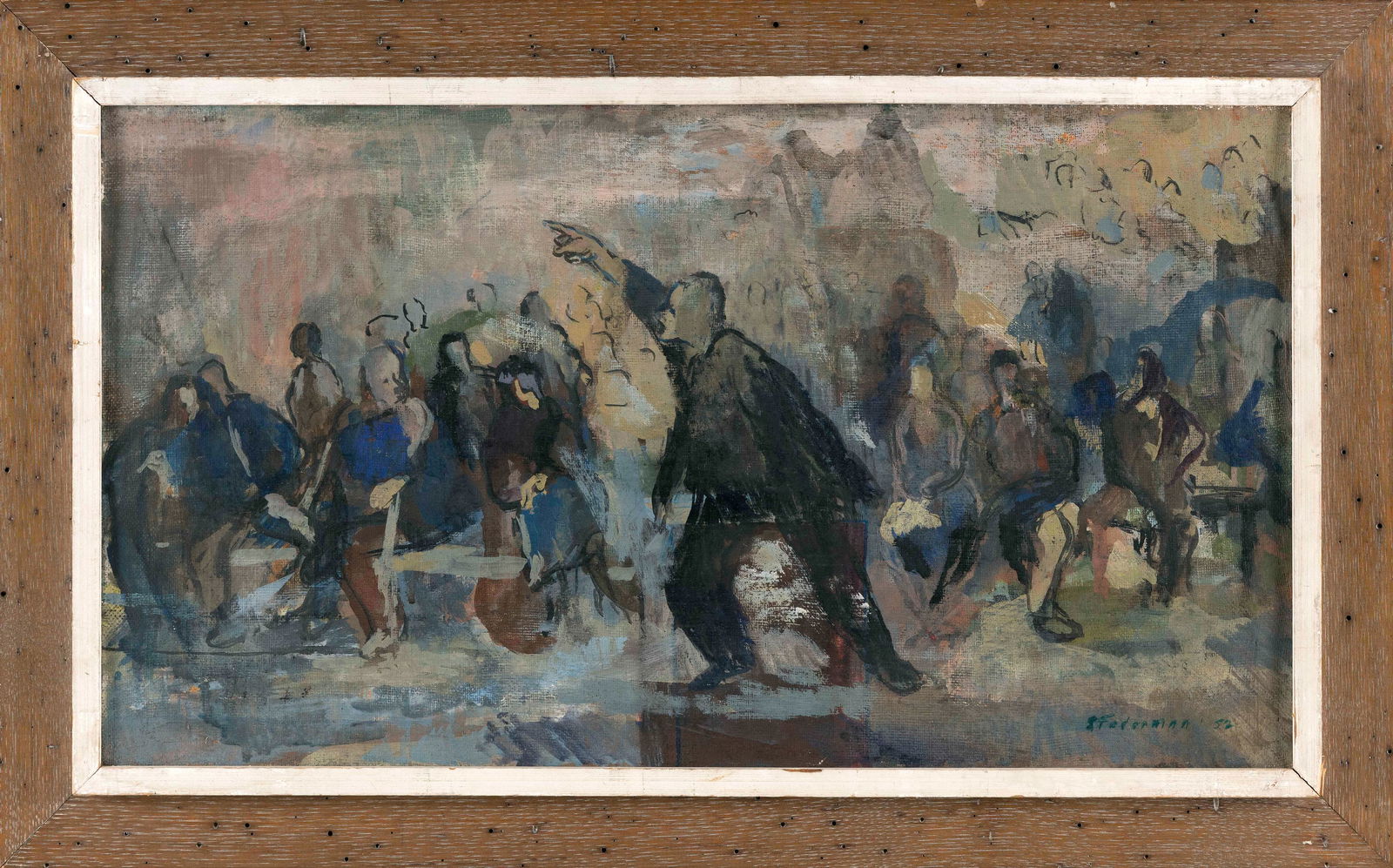 AMERICAN SCHOOL (Mid-20th Century,), Crowded street., Oil on canvas, 12" x 22". Framed 16" x 26". (1 of 2)